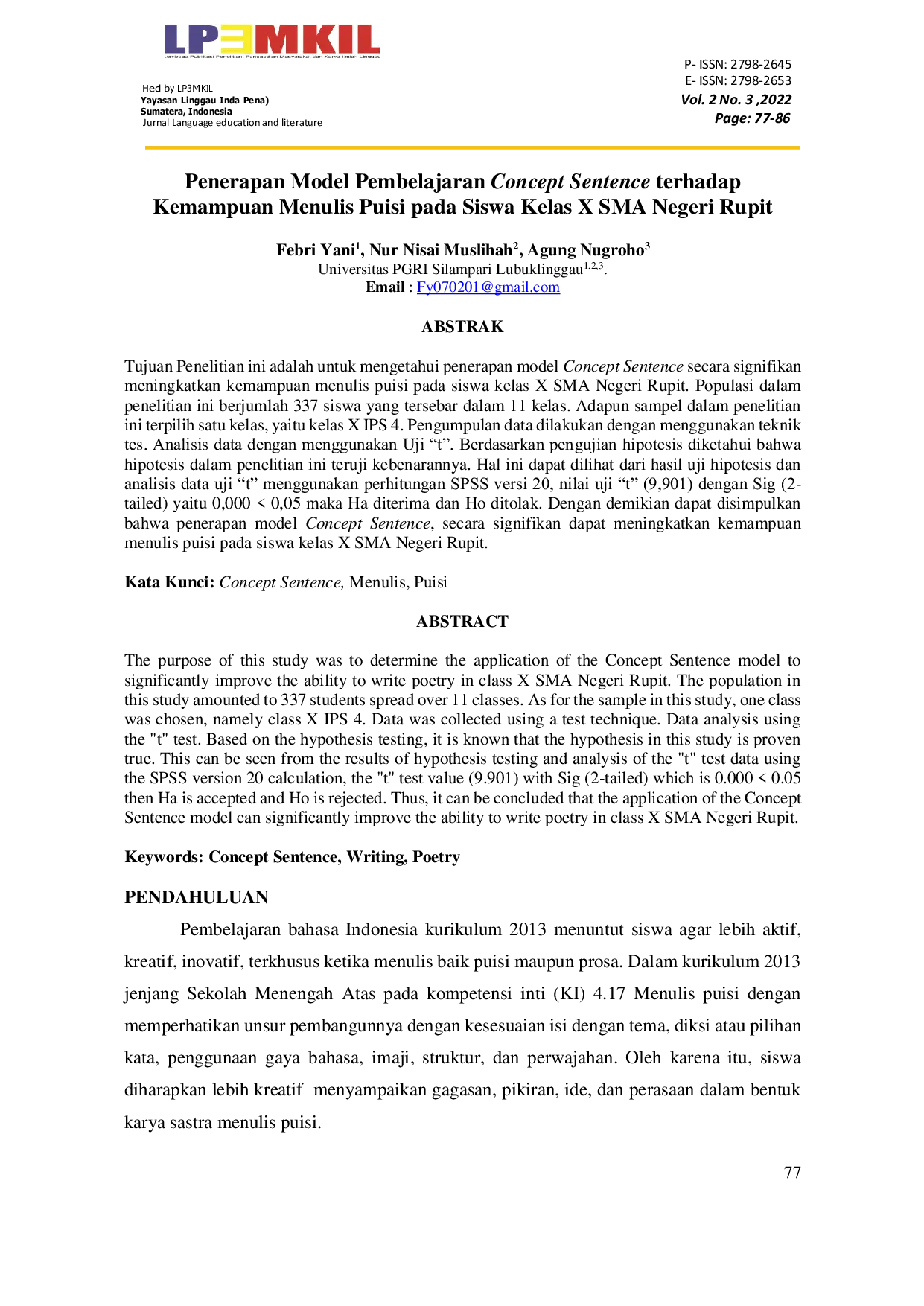 JURIS Penerapan Model Pembelajaran Concept Sentence terhadap Kemampuan Menulis Puisi pada Siswa Kelas X SMA Negeri Rupit