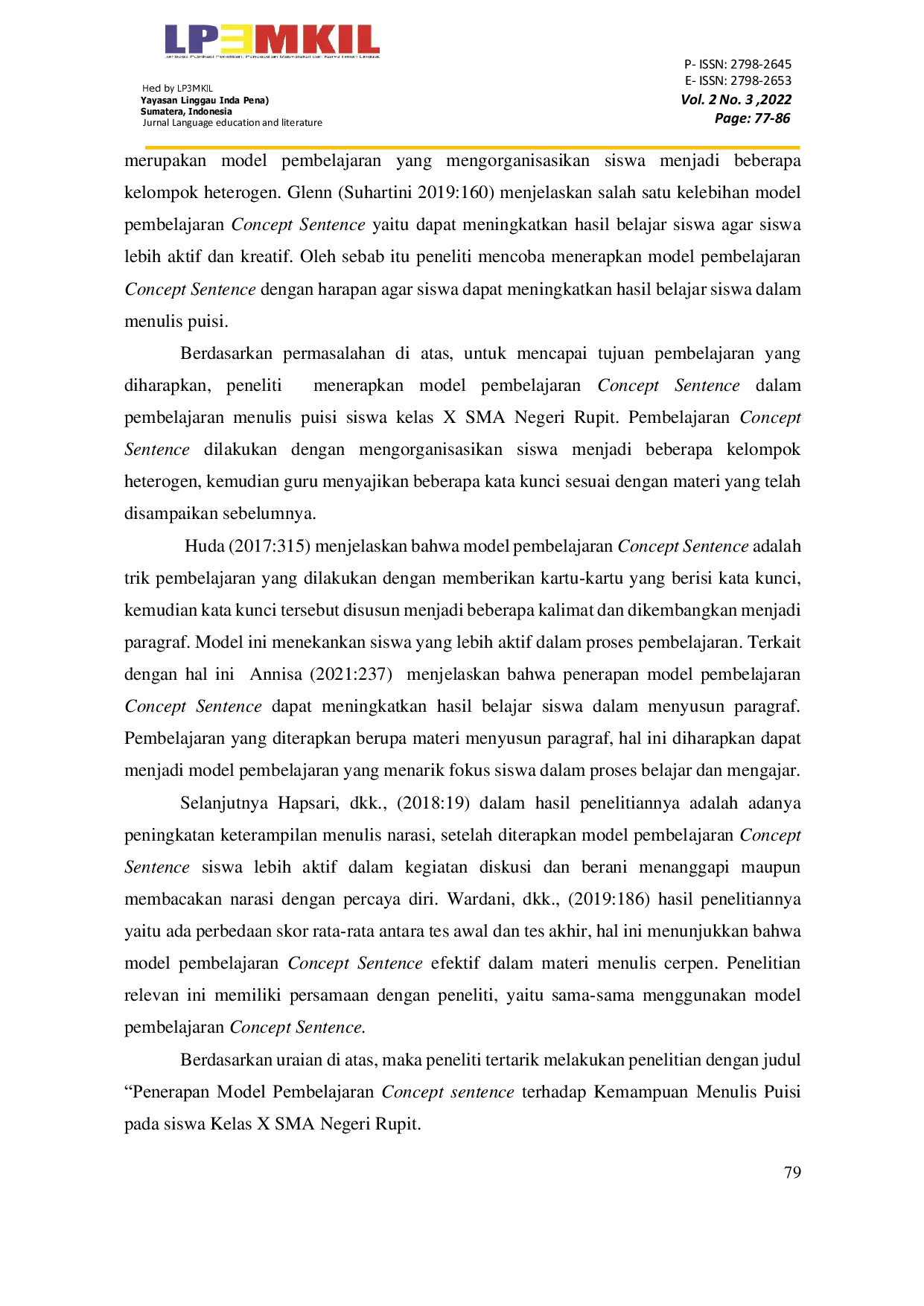 JURIS Penerapan Model Pembelajaran Concept Sentence terhadap Kemampuan Menulis Puisi pada Siswa Kelas X SMA Negeri Rupit