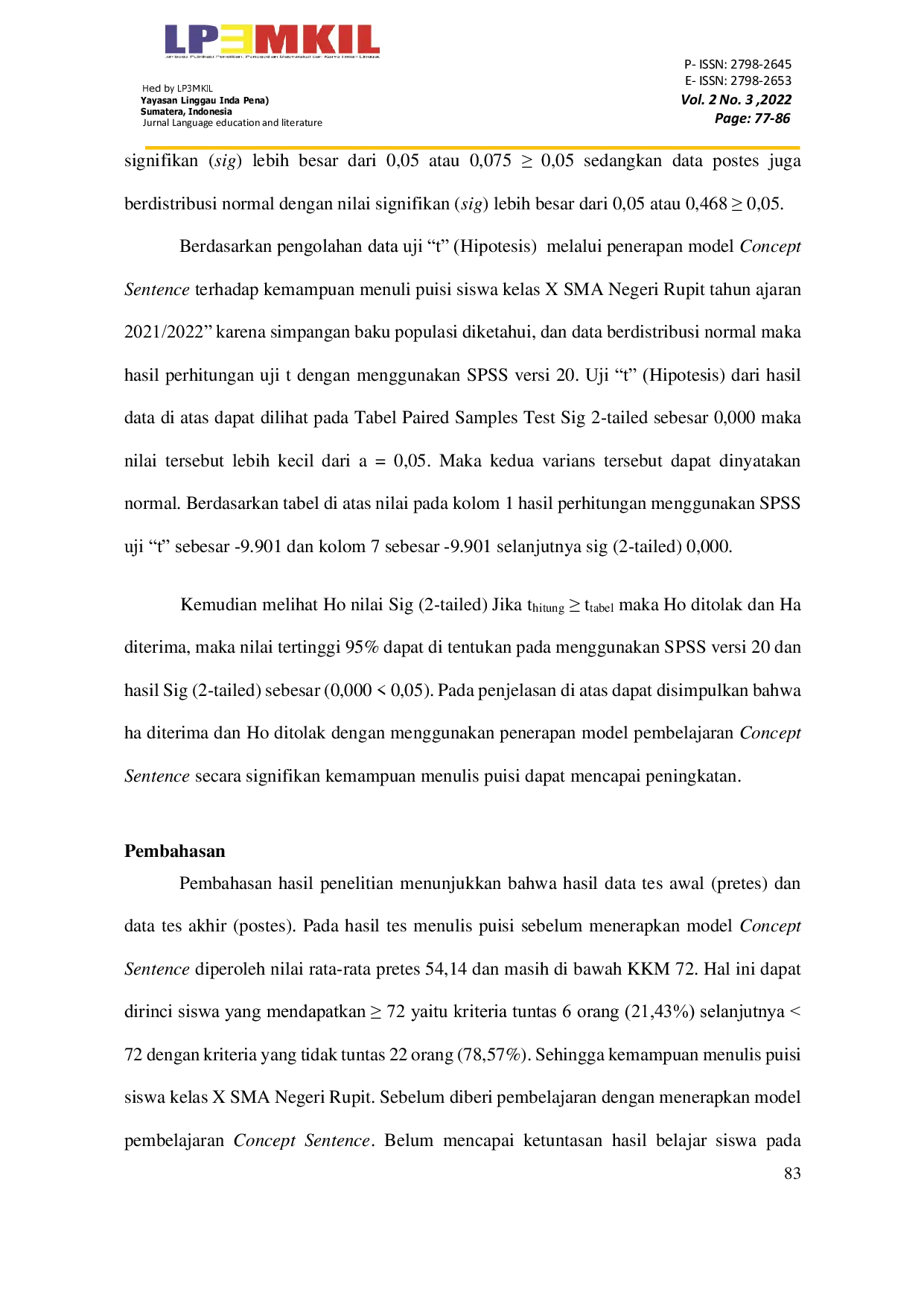 JURIS Penerapan Model Pembelajaran Concept Sentence terhadap Kemampuan Menulis Puisi pada Siswa Kelas X SMA Negeri Rupit