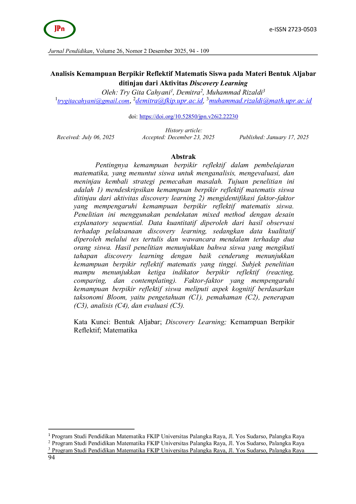 JURIS Analysis of Students Mathematical Reflective Thinking Ability on Algebraic Forms Based on Discovery Learning Activities