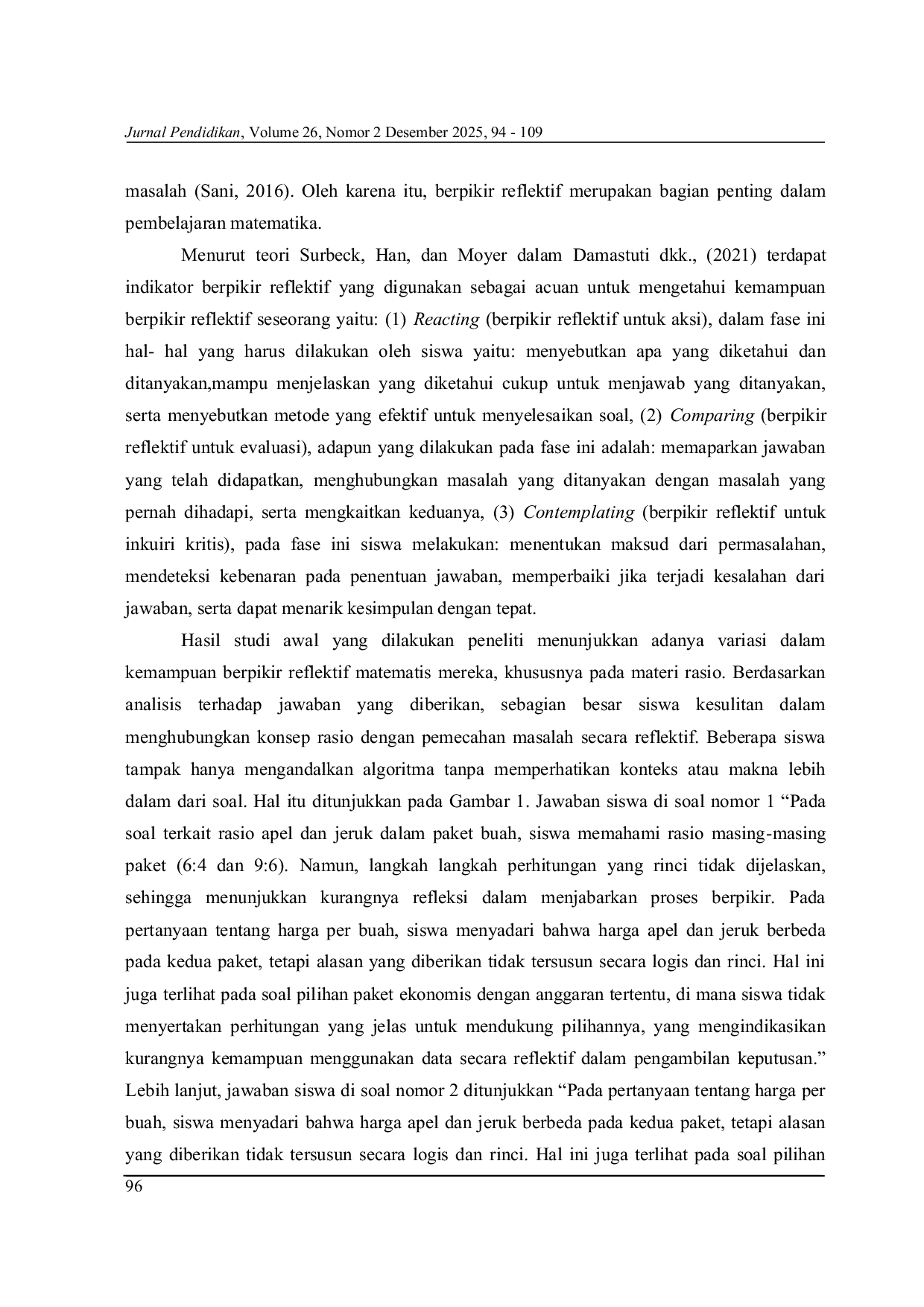 JURIS Analysis of Students Mathematical Reflective Thinking Ability on Algebraic Forms Based on Discovery Learning Activities