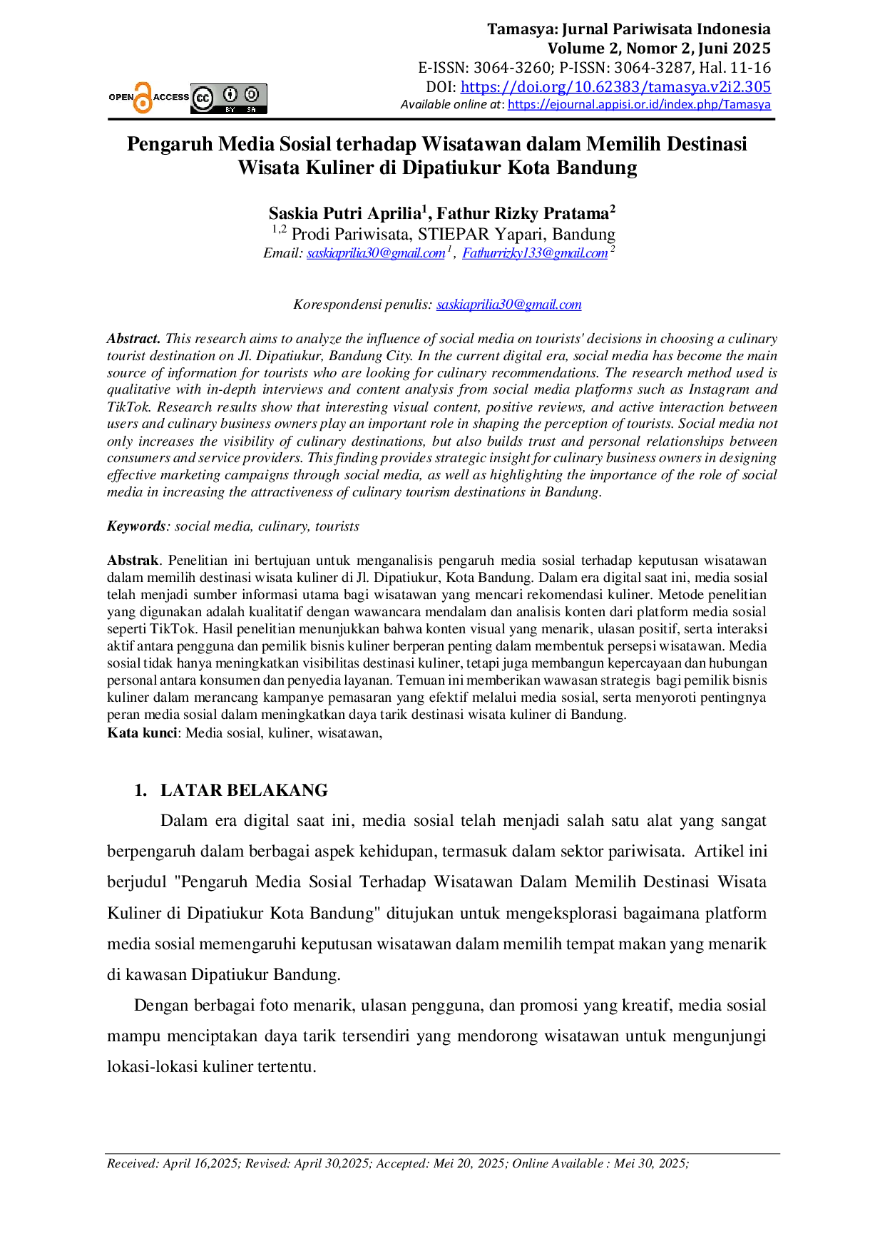 JURIS Pengaruh Media Sosial terhadap Wisatawan dalam Memilih Destinasi Wisata Kuliner di Dipatiukur Kota Bandung
