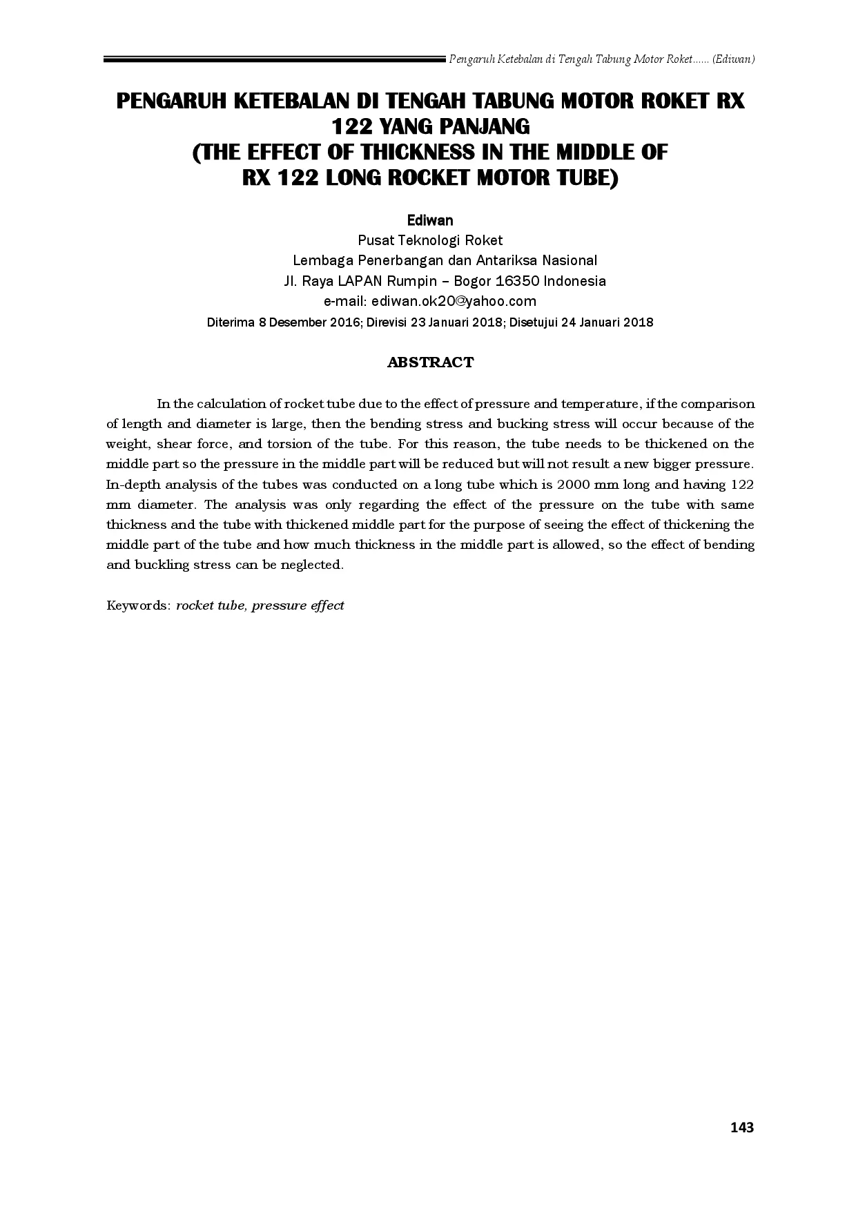 juris Pengaruh Ketebalan Di Tengah Tabung Motor Roket Rx 122 Yang Panjang