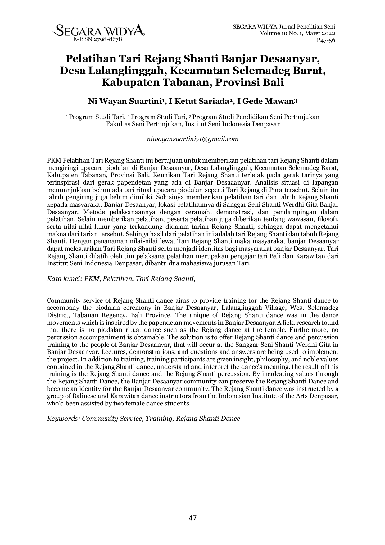 JURIS Pelatihan Tari Rejang Shanti Banjar Desaanyar Desa Lalanglinggah Kecamatan Selemadeg Barat Kabupaten Tabanan Provinsi Bali