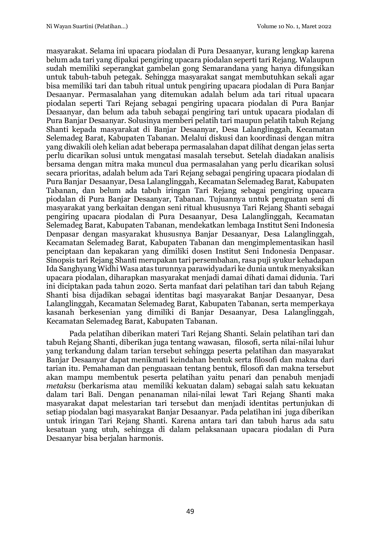 JURIS Pelatihan Tari Rejang Shanti Banjar Desaanyar Desa Lalanglinggah Kecamatan Selemadeg Barat Kabupaten Tabanan Provinsi Bali