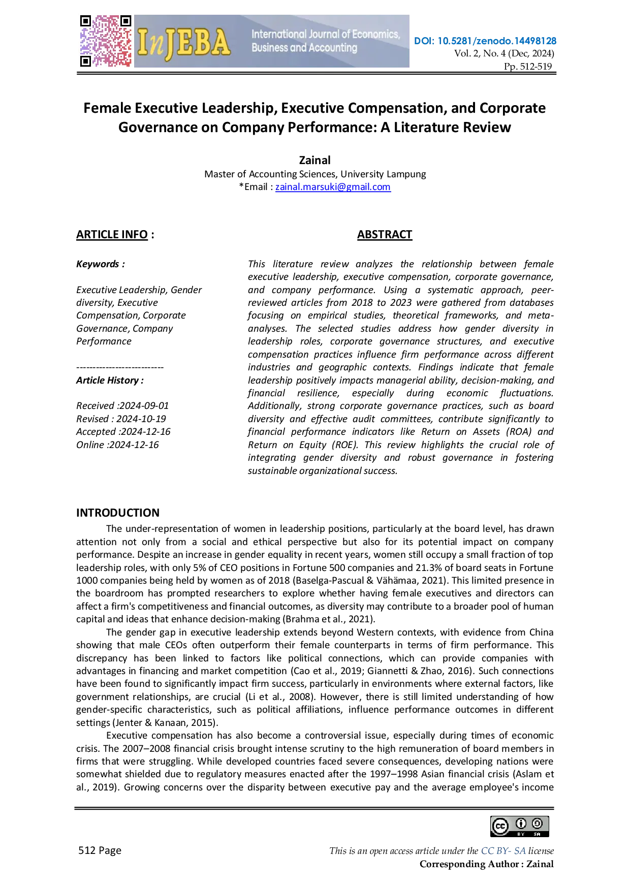 JURIS Female Executive Leadership Executive Compensation and Corporate Governance on Company Performance A Literature Review