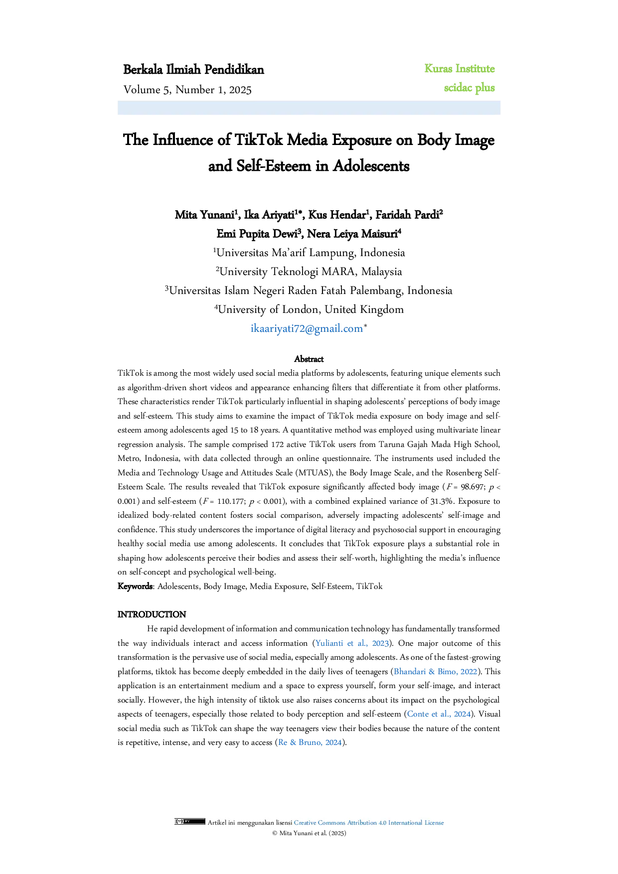 JURIS The Influence of TikTok Media Exposure on Body Image and Self Esteem in Adolescents