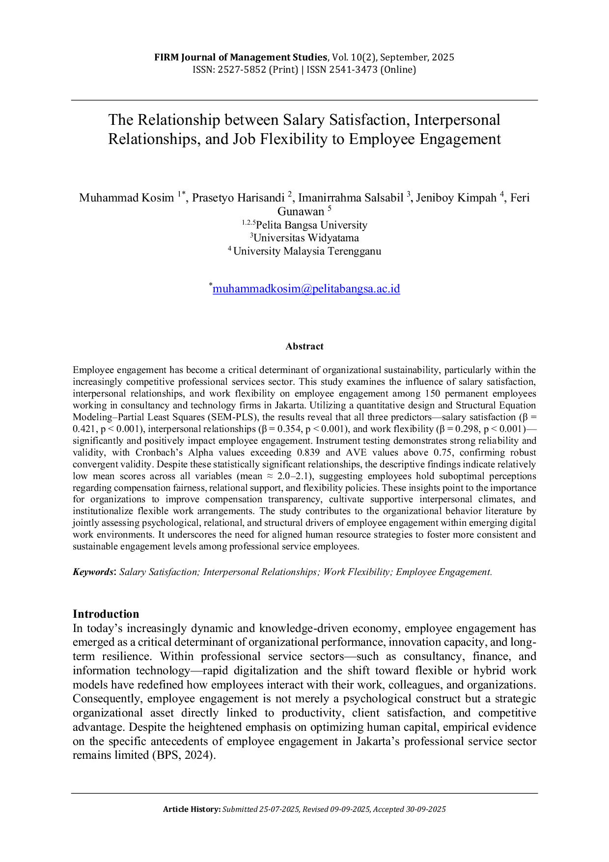 JURIS The Relationship Between Salary Satisfaction Interpersonal Relationships and Job Flexibility to Employee Engagement