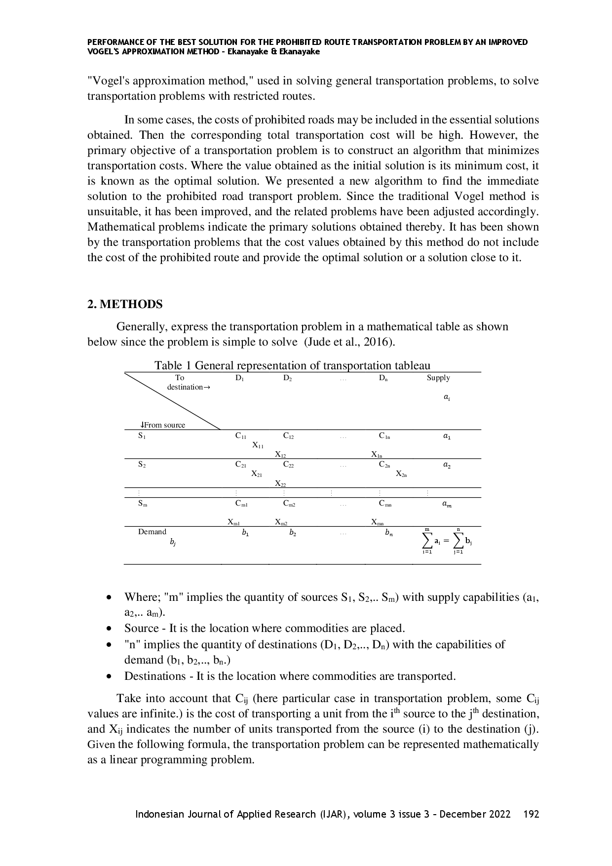 juris Performance of The Best Solution for The Prohibited Route Transportation Problem by an Improved Vogel s Approximation Method