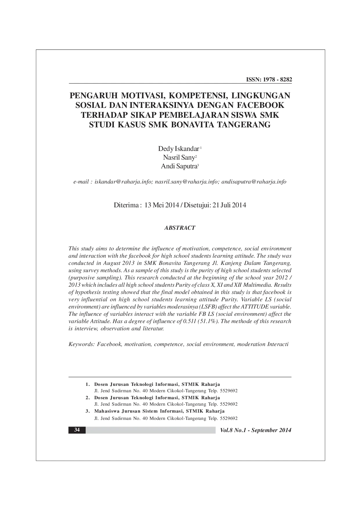 juris Pengaruh Motivasi Kompetensi Lingkungan Sosial Dan Interaksinya Dengan Facebook Terhadap Sikap Pembelajaran Siswa Smk Studi Kasus Smk Bonavita Tangerang