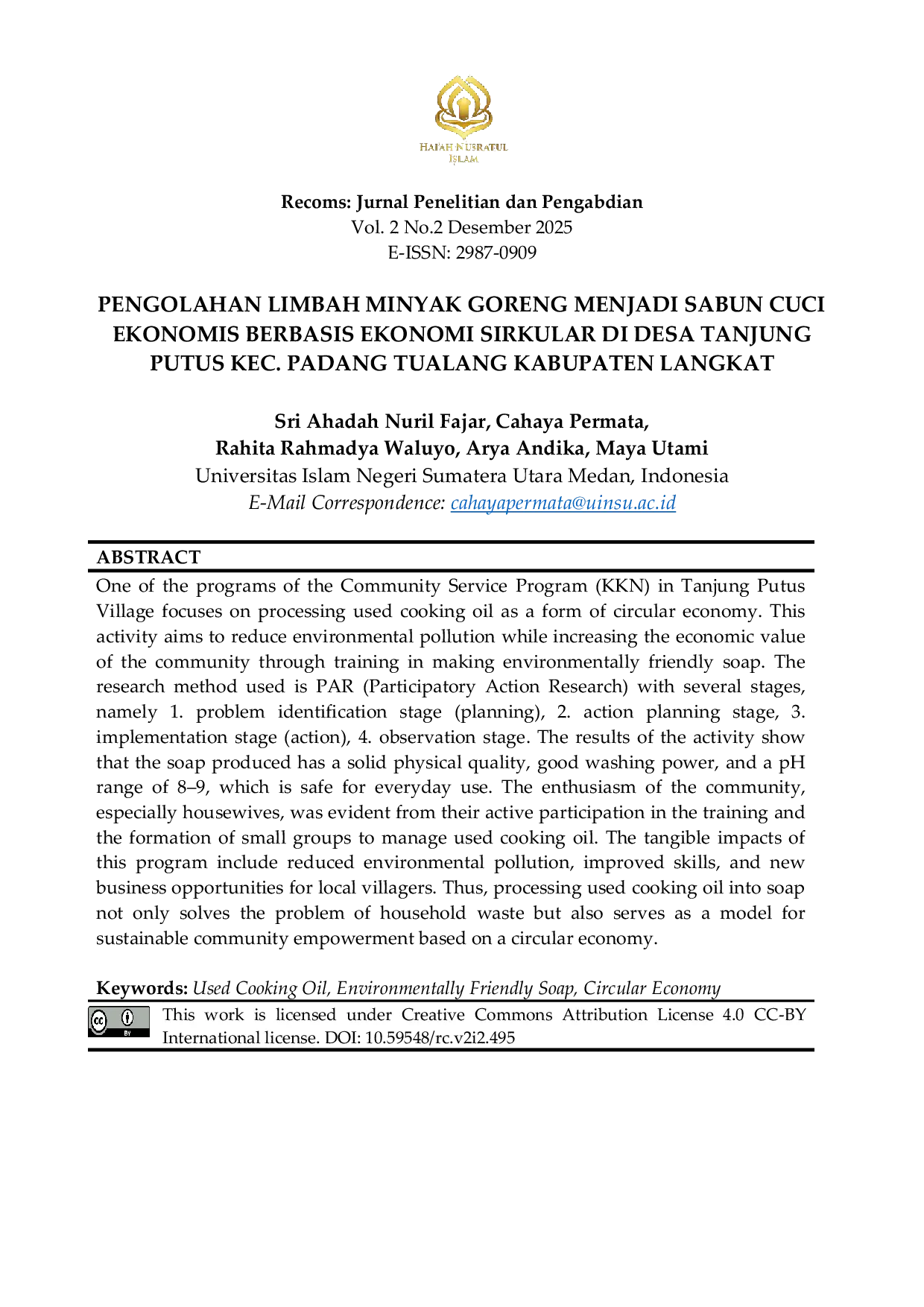 JURIS Pengolahan Limbah Minyak Goreng Menjadi Sabun Cuci Ekonomis Berbasis Ekonomi Sirkular Di Desa Tanjung Putus Kec Padang Tualang Kabupaten Langkat