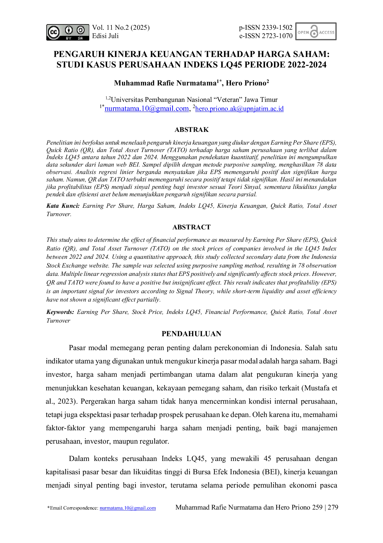 JURIS Pengaruh Kinerja Keuangan Terhadap Harga Saham Studi Kasus Perusahaan Indeks LQ45 Periode 2022 2024
