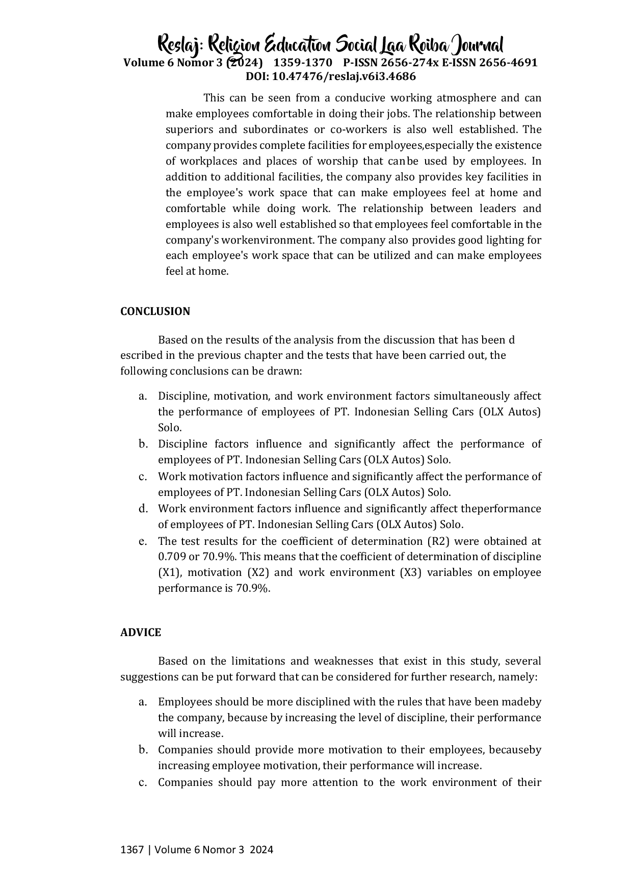 JURIS The Influence Of Discipline Motivation And Work Environment On Employee Performance AT PT Indonesian Cars Sell Olx Autos Solo
