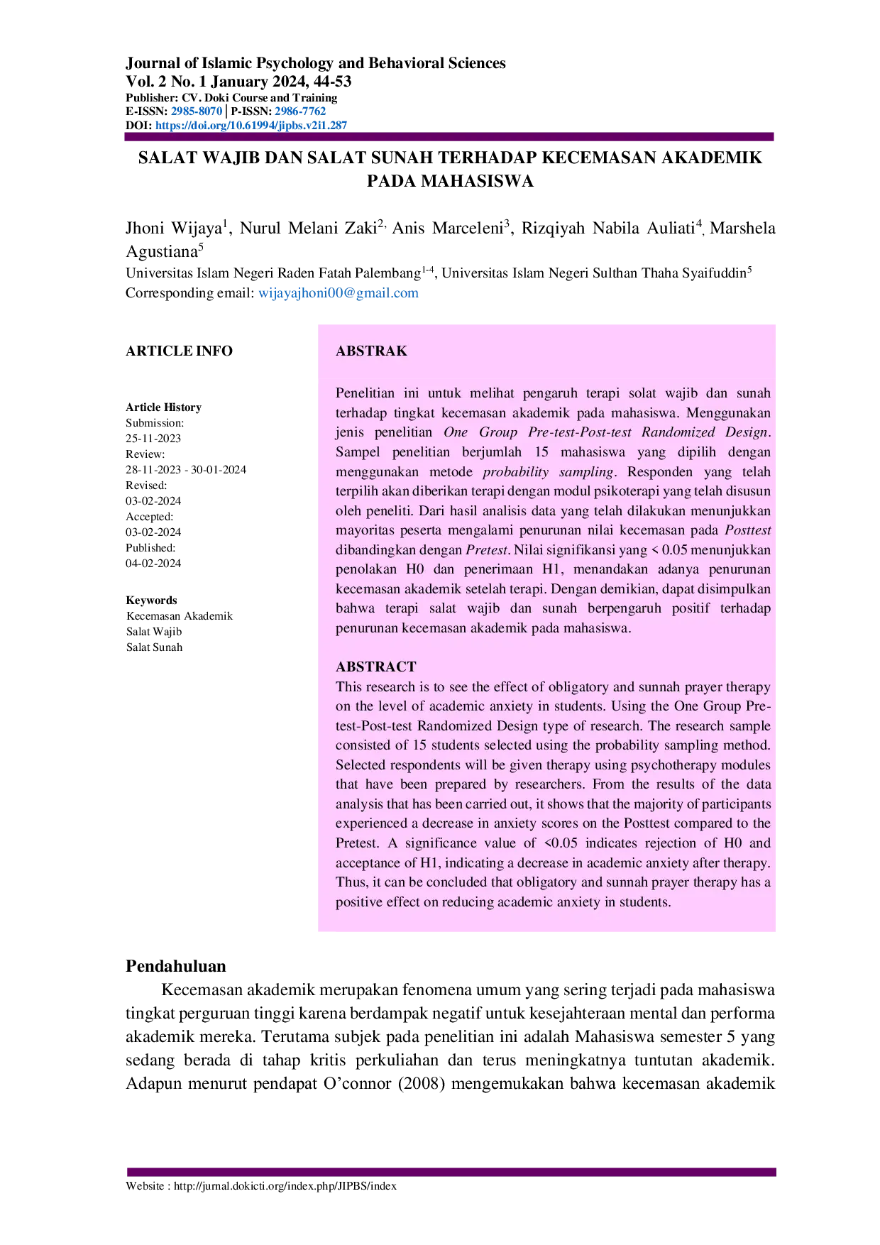 JURIS Salat Wajib dan Salat Sunah Terhadap Kecemasan Akademik Pada Mahasiswa