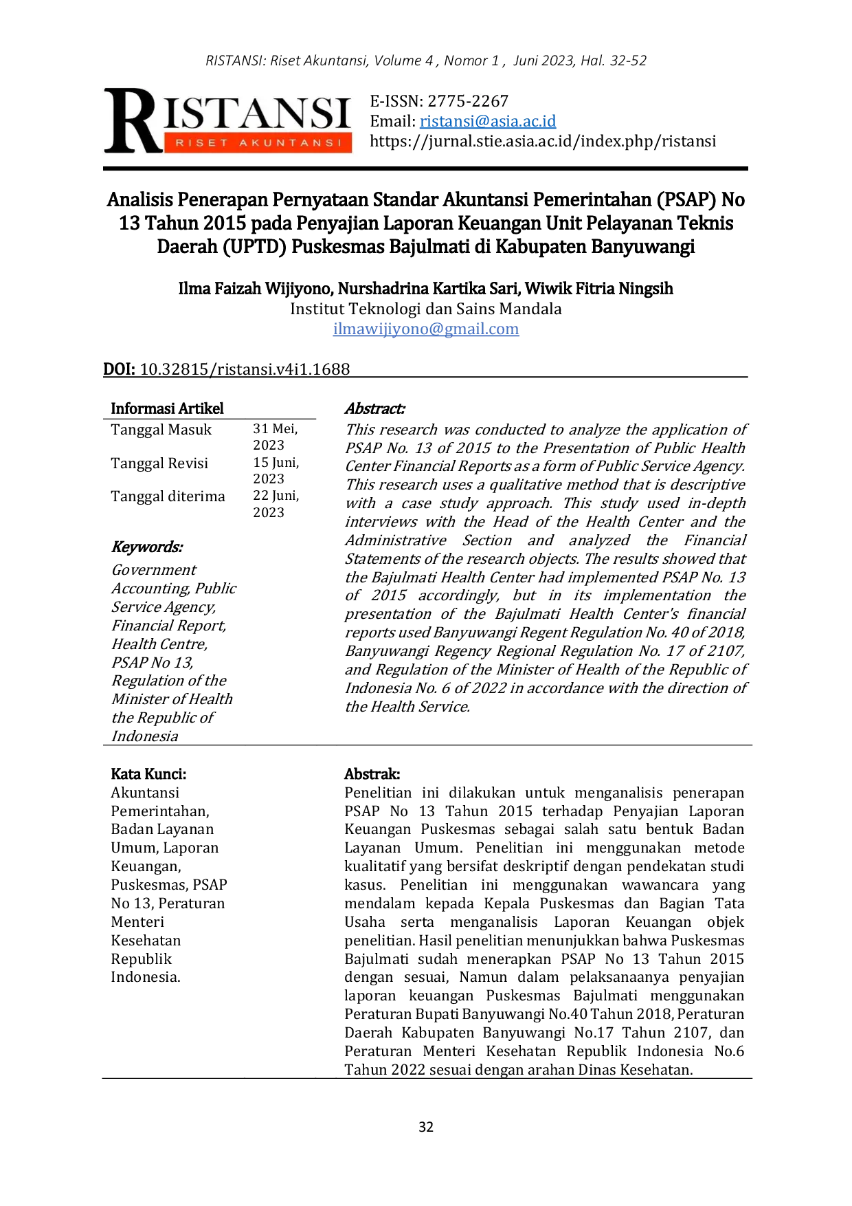 JURIS Analisis Penerapan Pernyataan Standar Akuntansi Pemerintahan PSAP No 13 Tahun 2015 pada Penyajian Laporan Keuangan Unit Pelayanan Teknis Daerah UPTD Puskesmas Bajulmati di Kabupaten Banyuwangi
