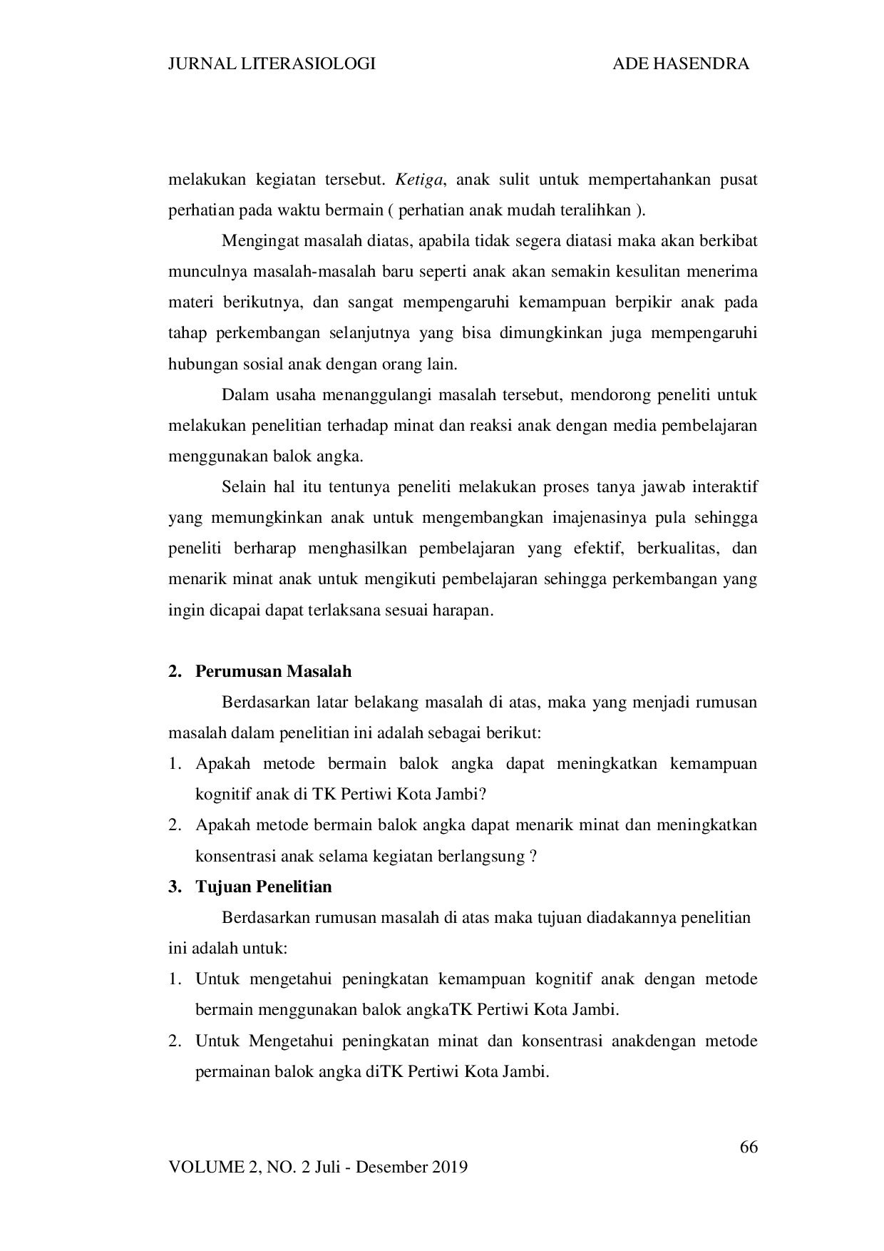 juris Penggunaan Balok Angka Sebagai Media Pembelajaran Untuk Meningkatkan Kemampuan Kognitif Anak di Taman Kanak Kanak Pertiwi Kota Jambi