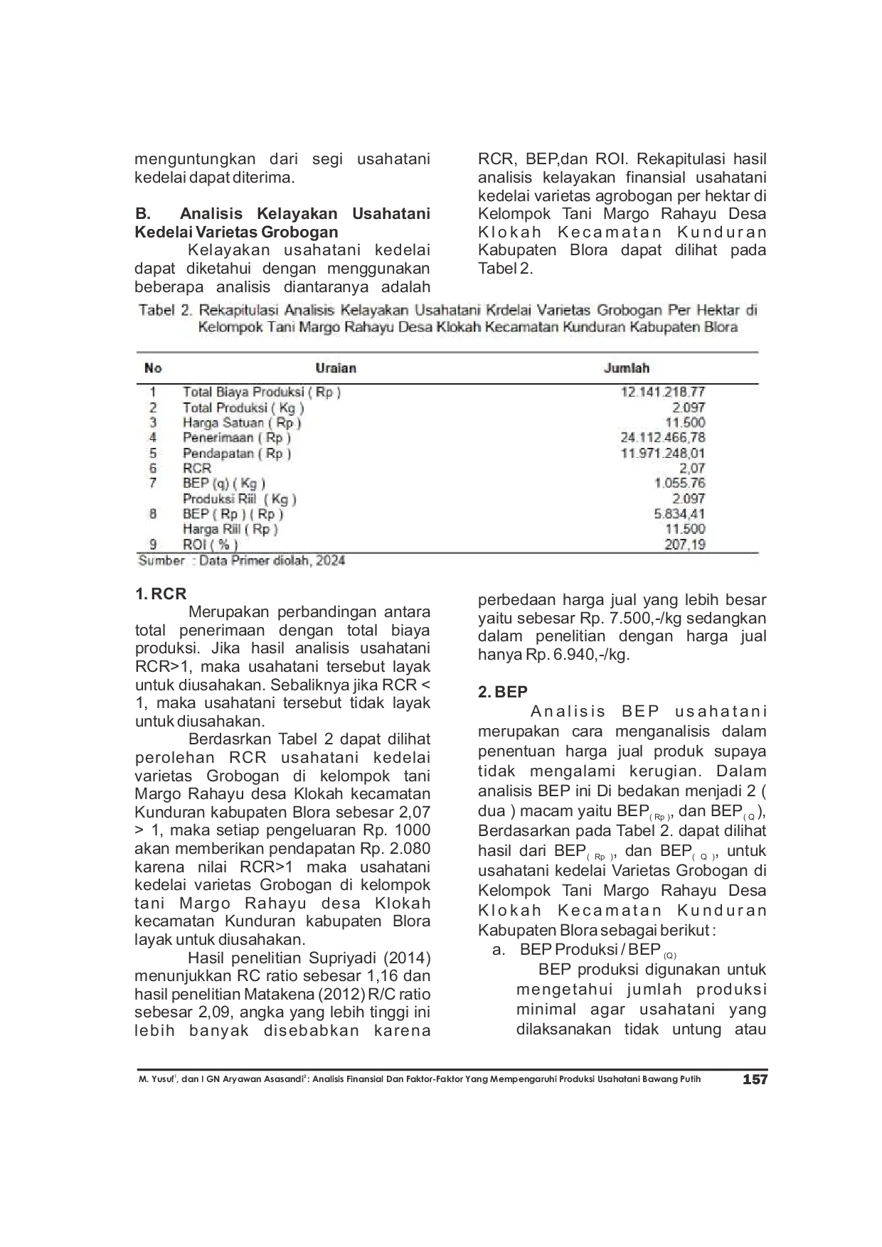 JURIS Analisis Pendapatan dan Kelayakan Usahatani Kedelai Glycine max L var Grobogan Studi Kasus Kelompok Tani Margo Rahayu di Desa Klokah Kecamatan Kunduran Kabupaten Blora