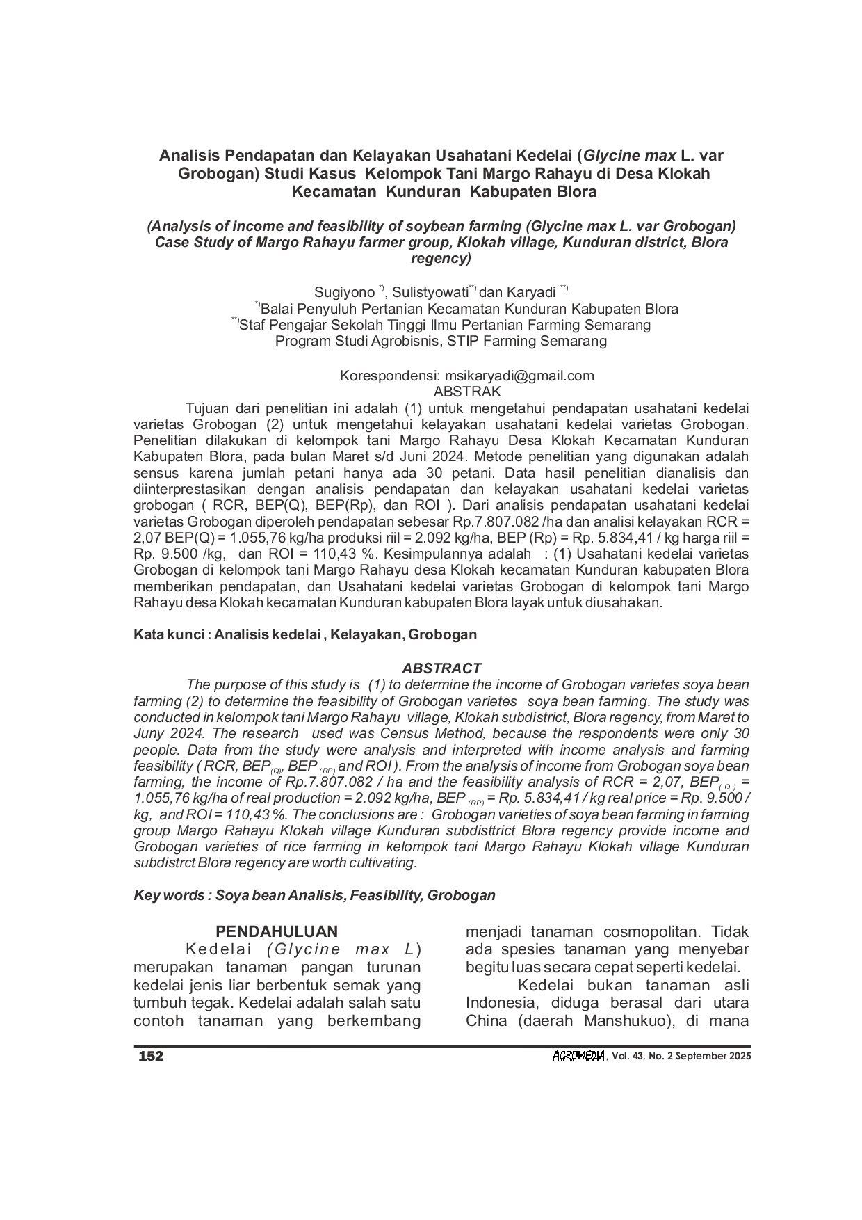 JURIS Analisis Pendapatan dan Kelayakan Usahatani Kedelai Glycine max L var Grobogan Studi Kasus Kelompok Tani Margo Rahayu di Desa Klokah Kecamatan Kunduran Kabupaten Blora