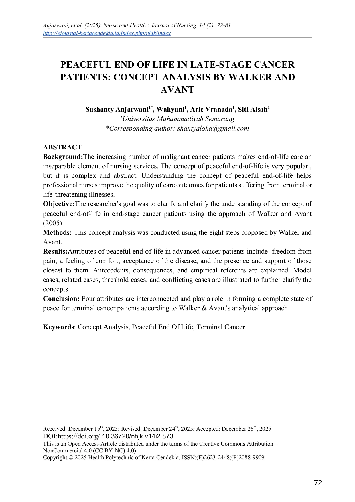JURIS Peaceful End of Life in Late Stage Cancer Patients Concept Analysis by Walker and Avant