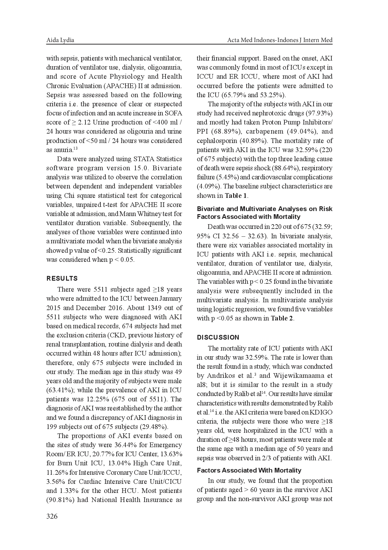 juris Factors Associated with Mortality of Intensive Care Unit Patients with Acute Kidney Injury at Cipto Mangunkusumo National Central General Hospital