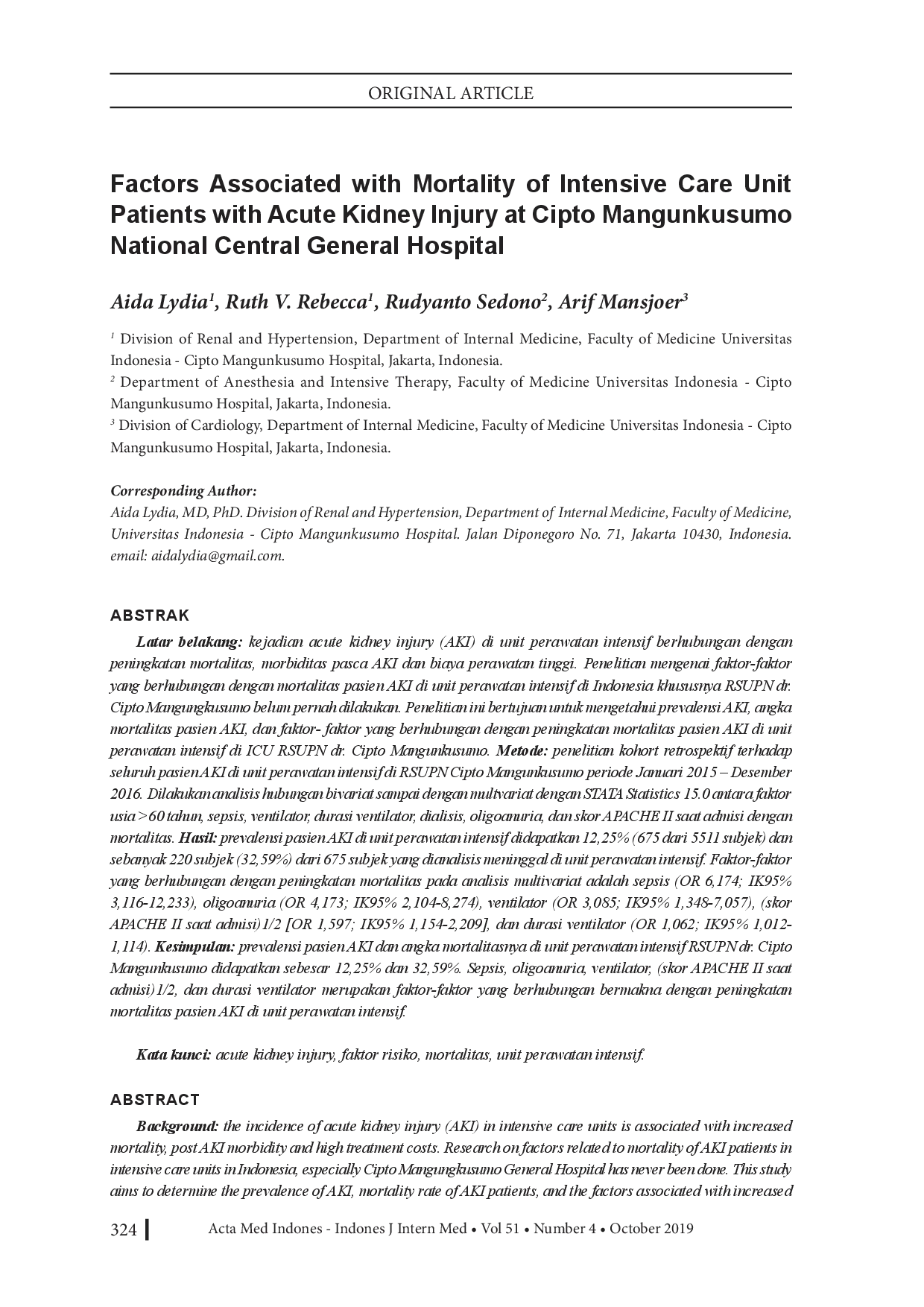 juris Factors Associated with Mortality of Intensive Care Unit Patients with Acute Kidney Injury at Cipto Mangunkusumo National Central General Hospital