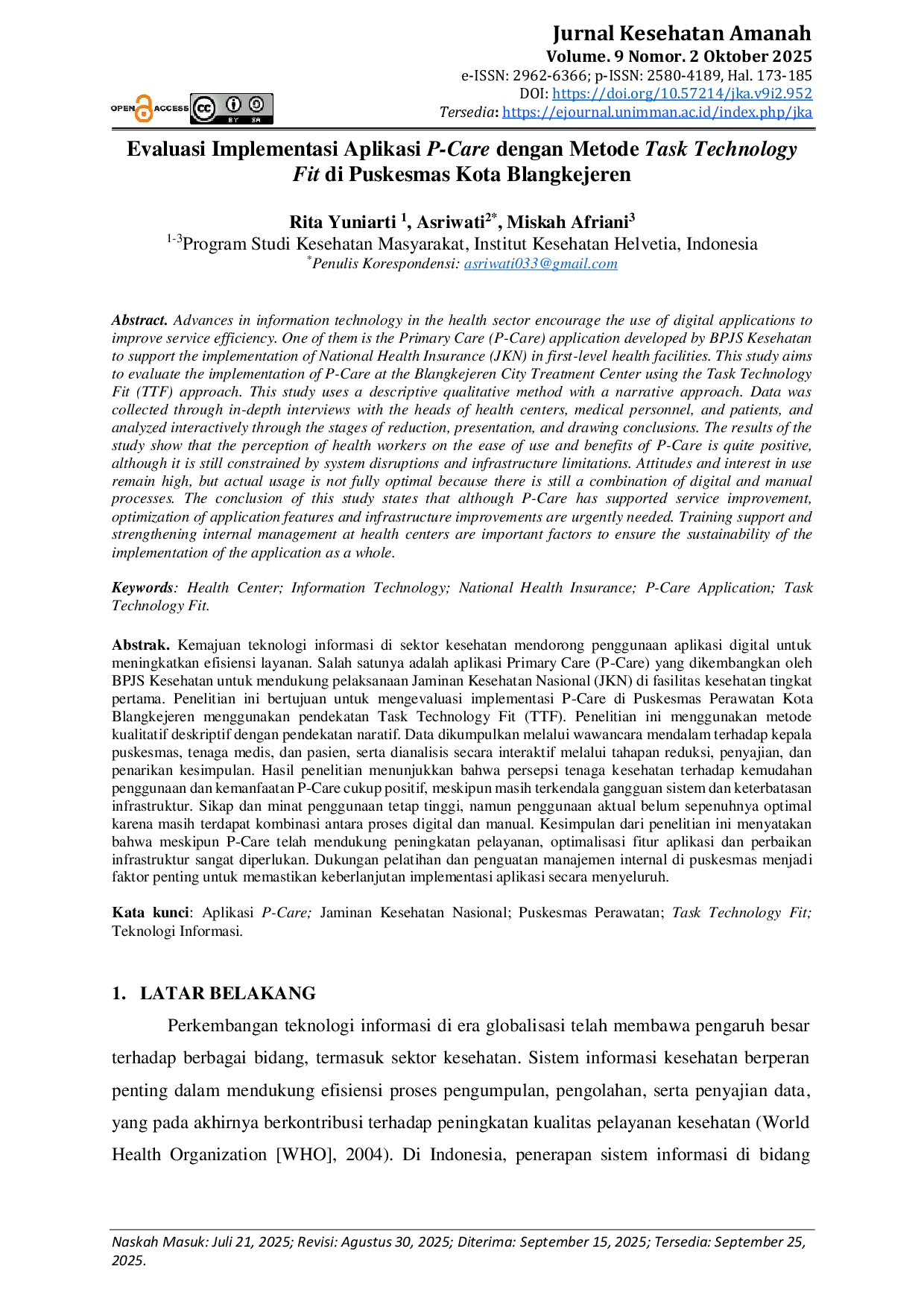 JURIS Evaluasi Implementasi Aplikasi P Care dengan Metode Task Technology Fit di Puskesmas Kota Blangkejeren