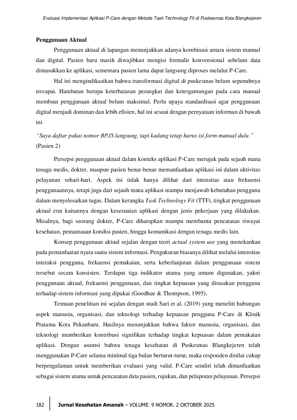 JURIS Evaluasi Implementasi Aplikasi P Care dengan Metode Task Technology Fit di Puskesmas Kota Blangkejeren