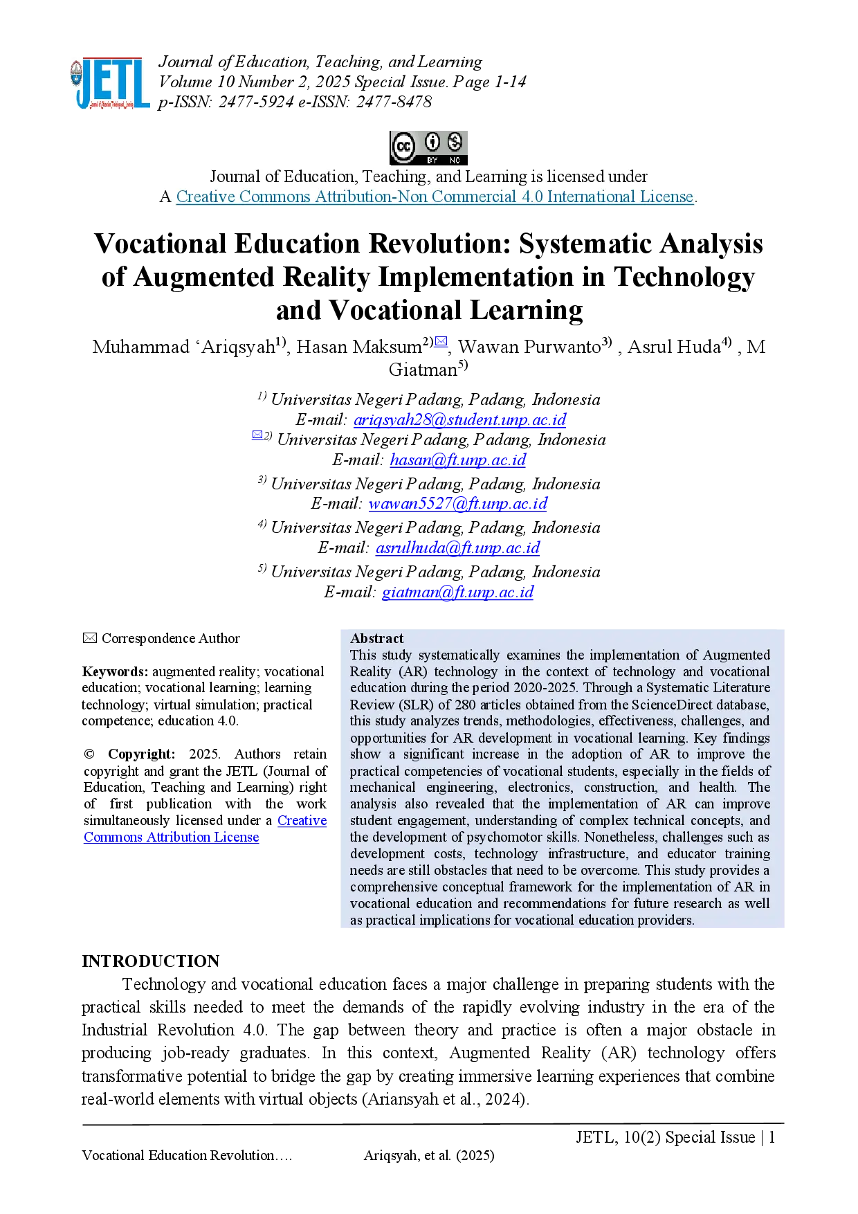 juris Vocational Education Revolution Systematic Analysis of Augmented Reality Implementation in Technology and Vocational Learning