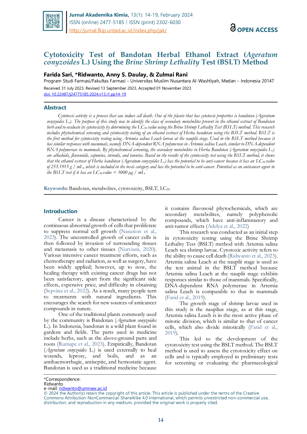 JURIS Cytotoxicity Test of Bandotan Herbal Ethanol Extract Ageratum Conyzoides L Using the Brine Shrimp Lethality Test BSLT Method