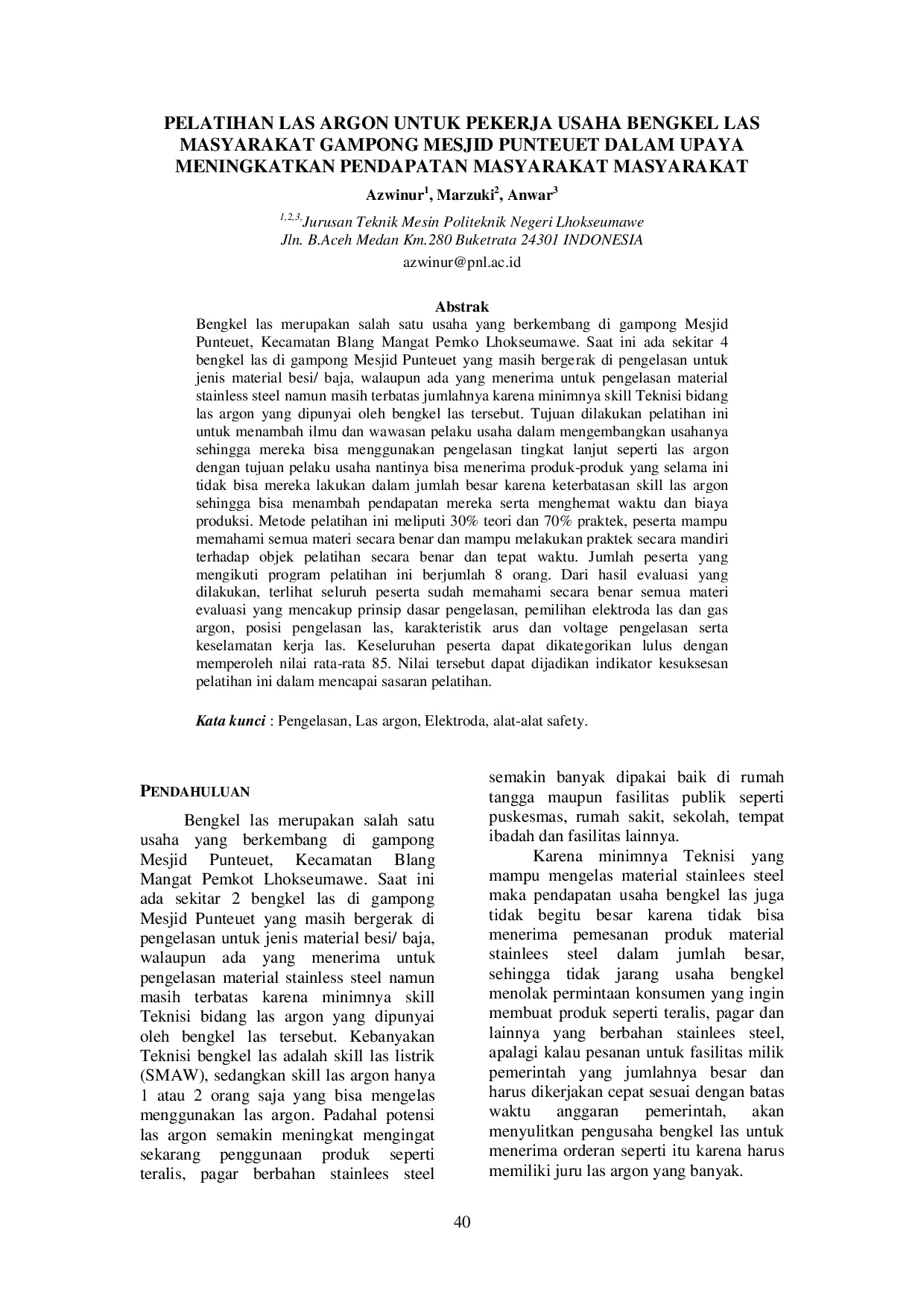 JURIS Pelatihan Las Argon Untuk Pekerja Usaha Bengkel Las Masyarakat Gampong Mesjid Punteuet Dalam Upaya Meningkatkan Pendapatan Masyarakat Masyarakat