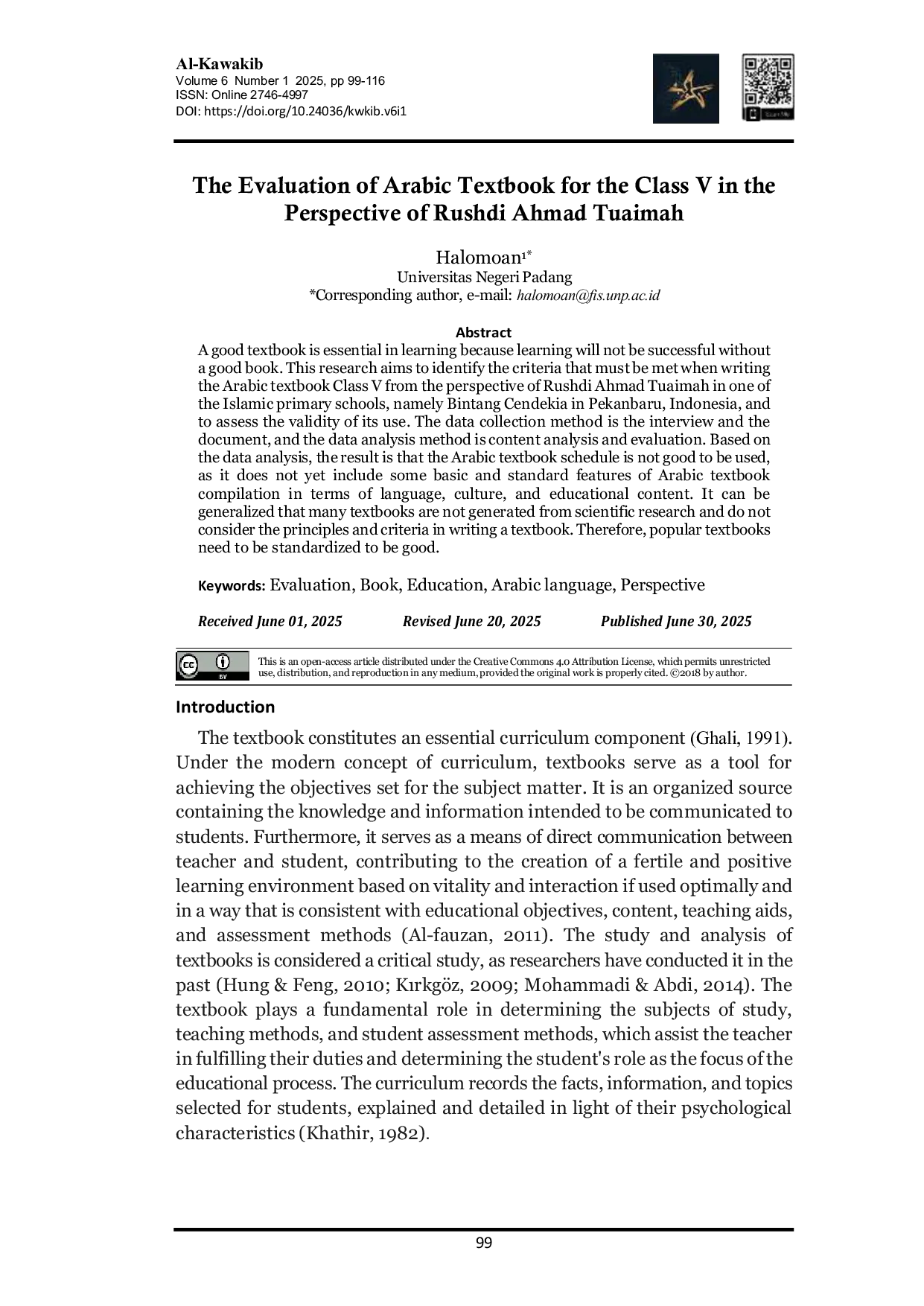 JURIS The Evaluation of Arabic Textbook for the Class V in the perspective of Rushdi Ahmad Tuaimah