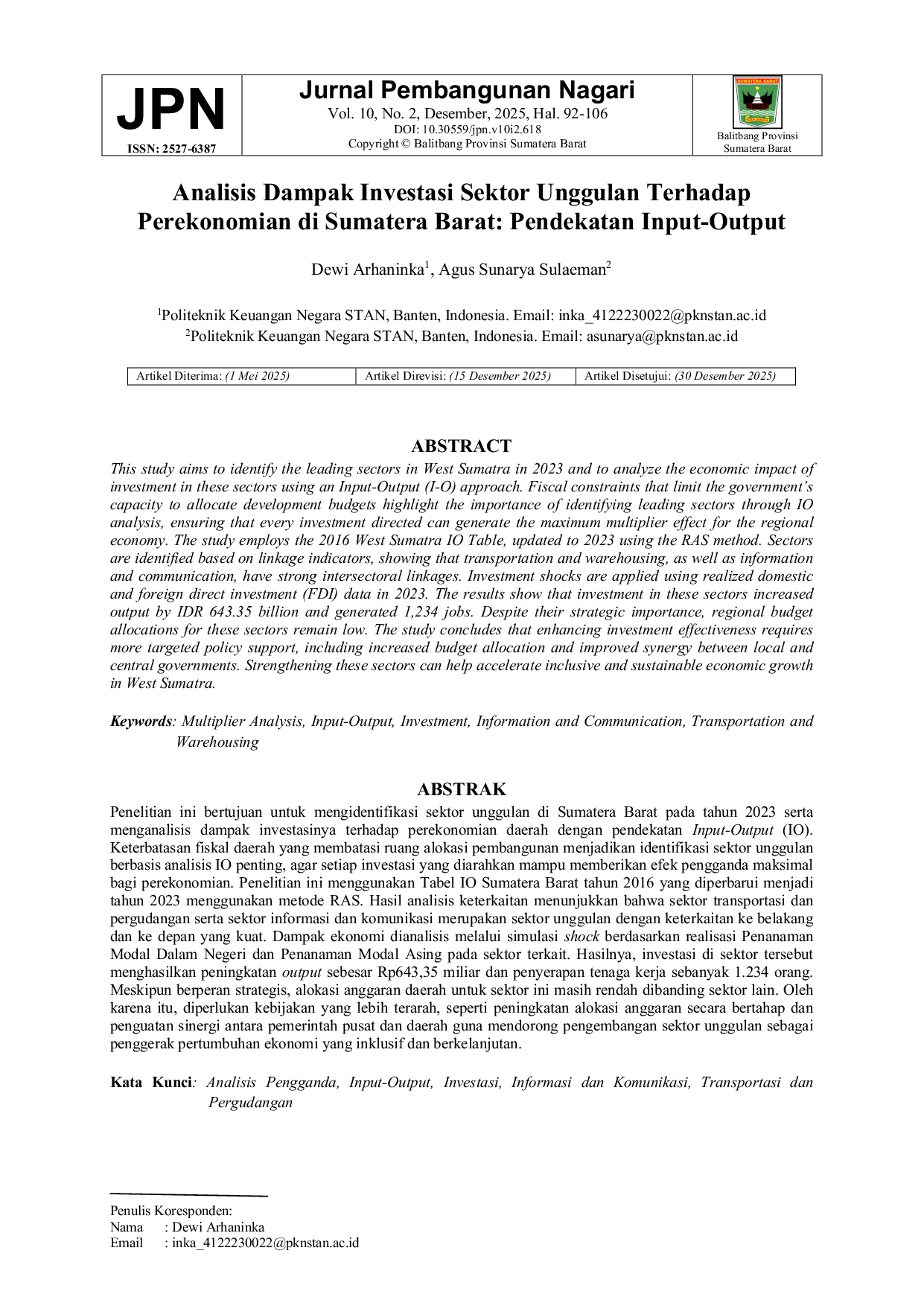 JURIS Analisis Dampak Investasi Sektor Unggulan Terhadap Perekonomian Di Sumatera Barat Pendekatan Input Output