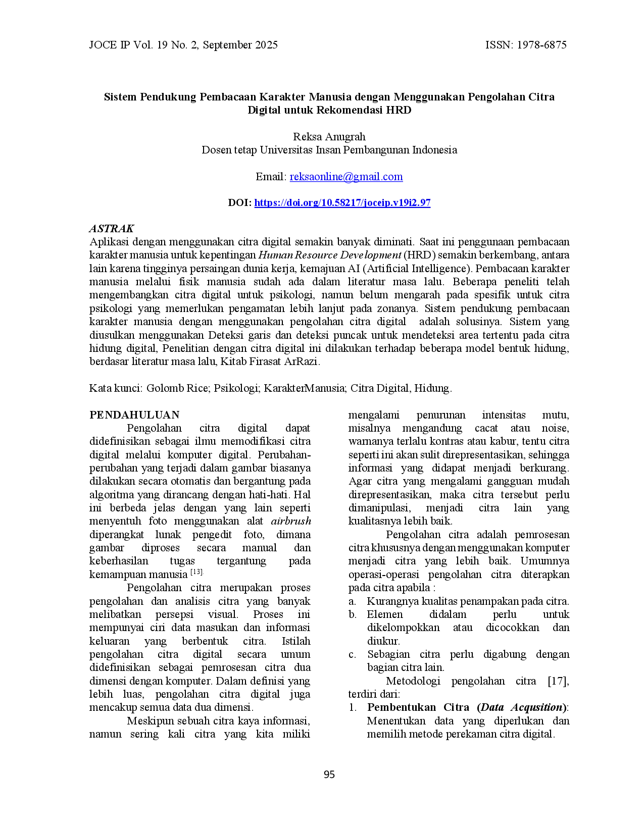 JURIS Sistem Pendukung Pembacaan Karakter Manusia Dengan Menggunakan Pengolahan Citra Digital Untuk Rekomendasi Hrd