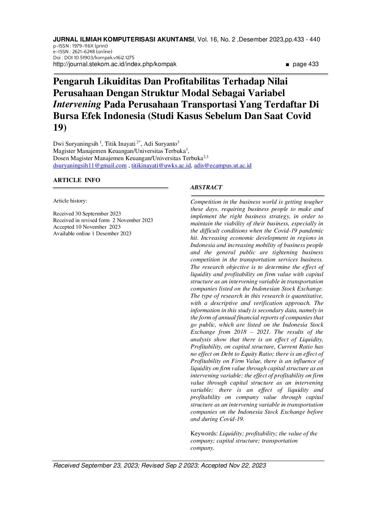 JURIS Pengaruh Likuiditas Dan Profitabilitas Terhadap Nilai Perusahaan Dengan Struktur Modal Sebagai Variabel Intervening Pada Perusahaan Transportasi Yang Terdaftar Di Bursa Efek Indonesia Studi Kasus Seb