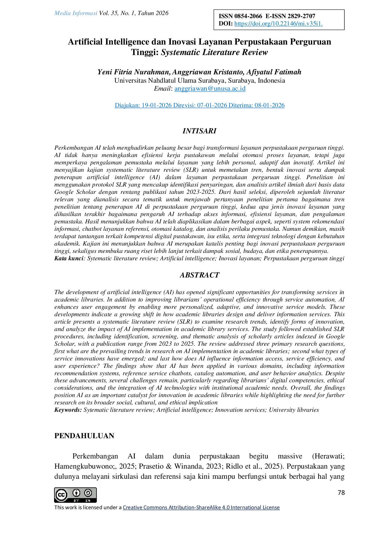 JURIS Artificial Intelligence dan Inovasi Layanan Perpustakaan Perguruan Tinggi Systematic Literature Review