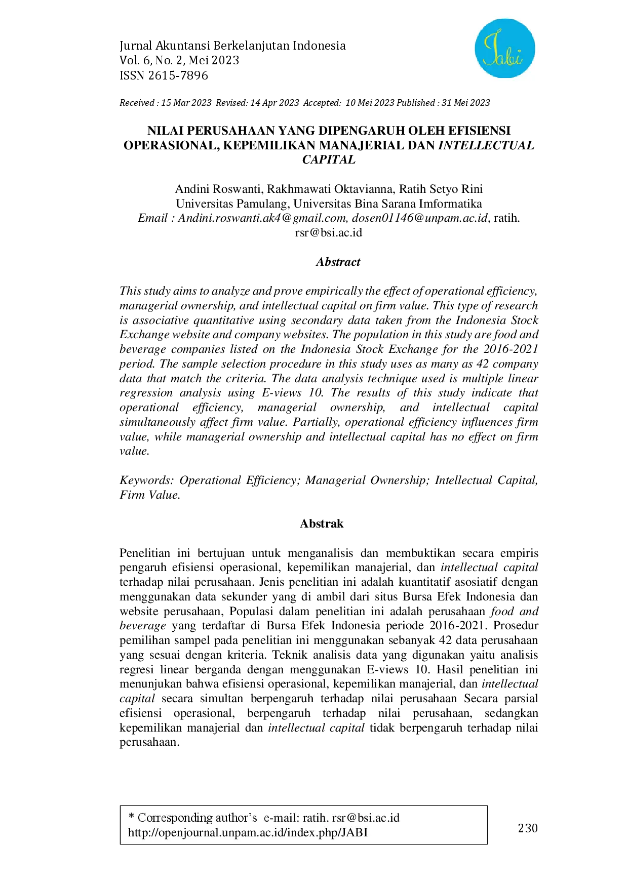 juris Nilai Perusahaan yang dipengaruh oleh Efisiensi Operasional Kepemilikan Manajerial dan Intellectual Capital