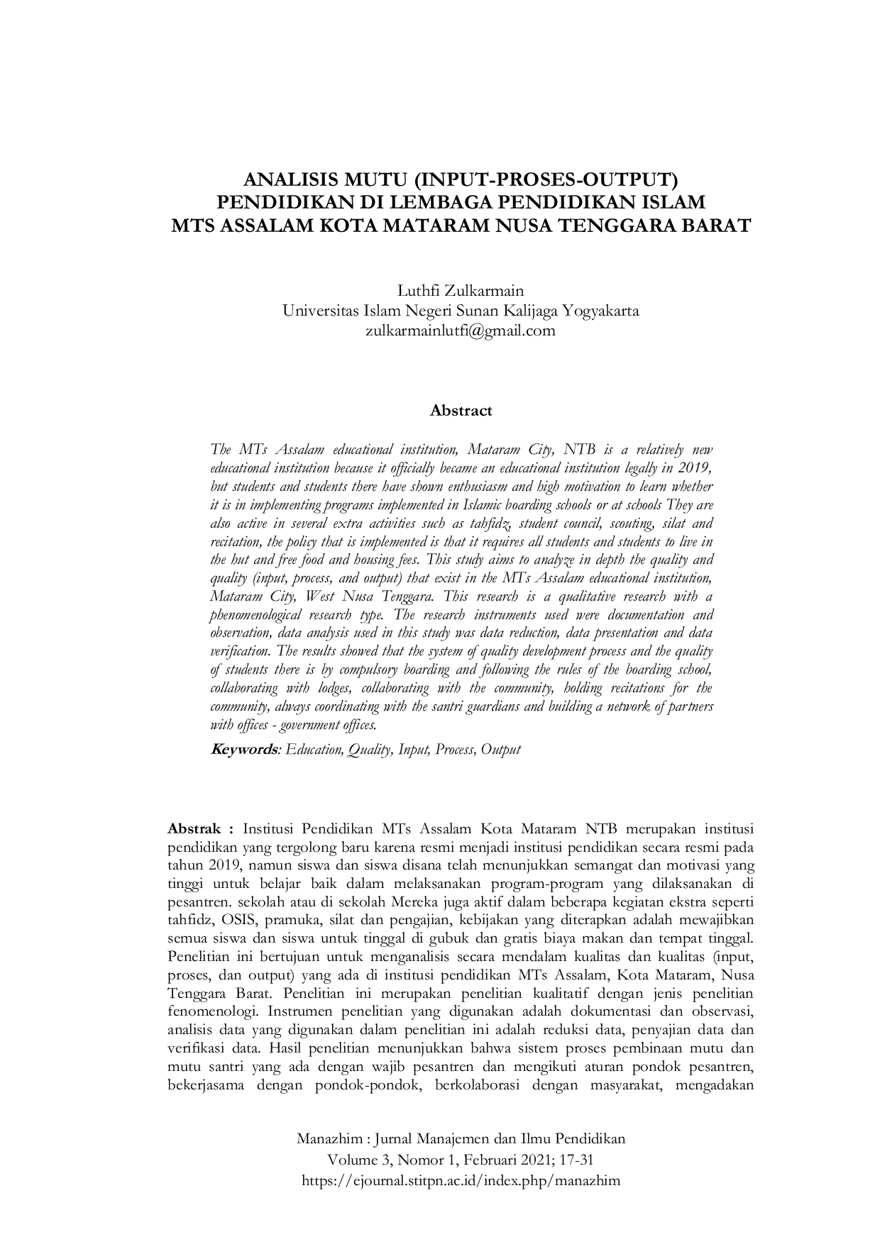 JURIS Analisis Mutu Input Proses Output Pendidikan Di Lembaga Pendidikan Islam Mts Assalam Kota Mataram Nusa Tenggara Barat