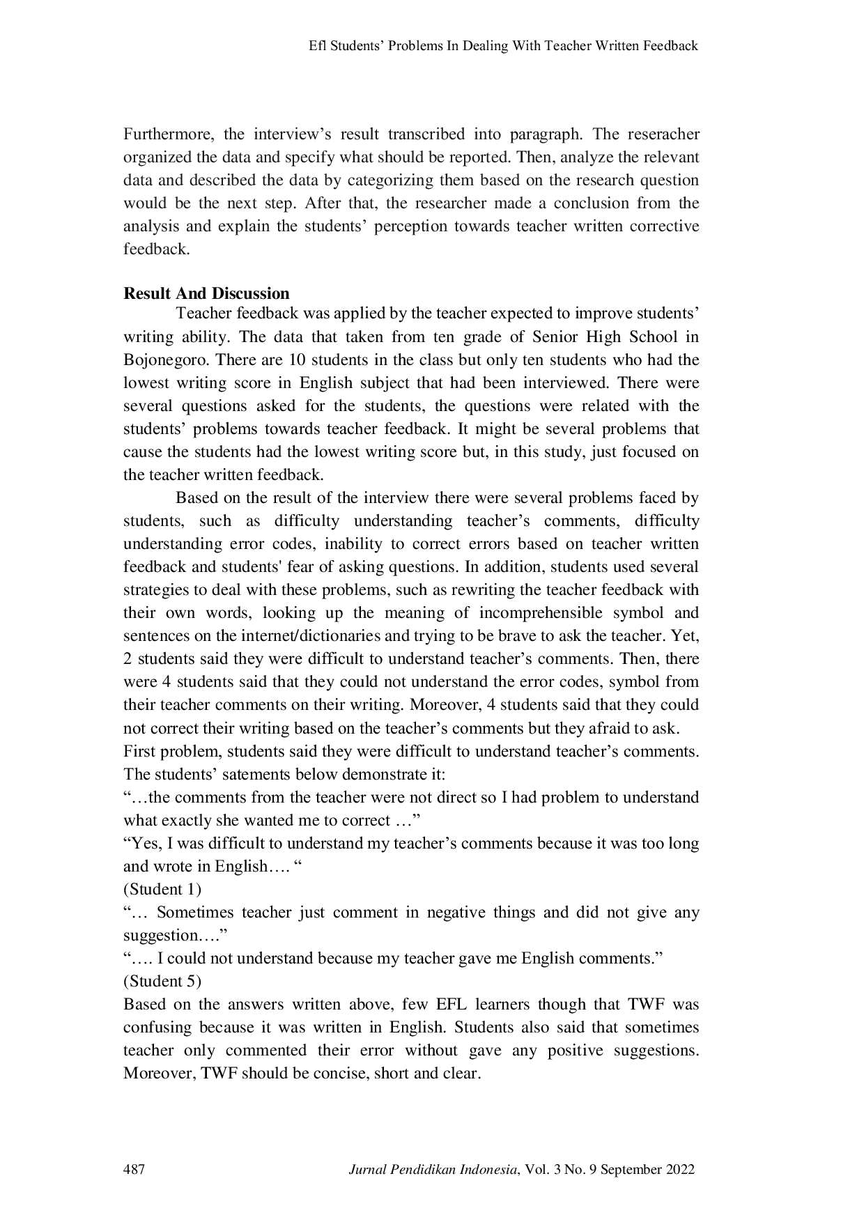 JURIS Efl Students Problems In Dealing With Teacher Written Feedback