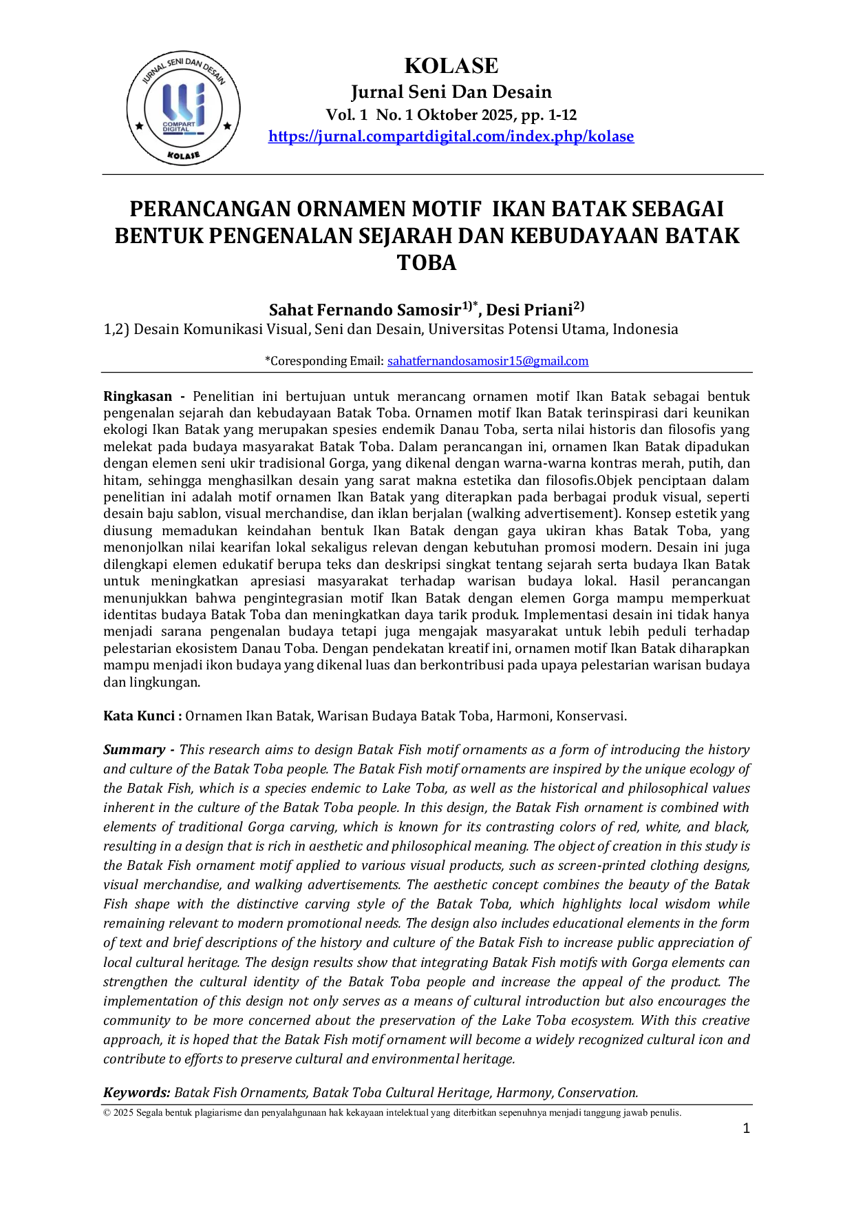JURIS Perancangan Ornamen Motif Ikan Batak Sebagai Bentuk Pengenalan Sejarah dan Kebudayaan Batak Toba