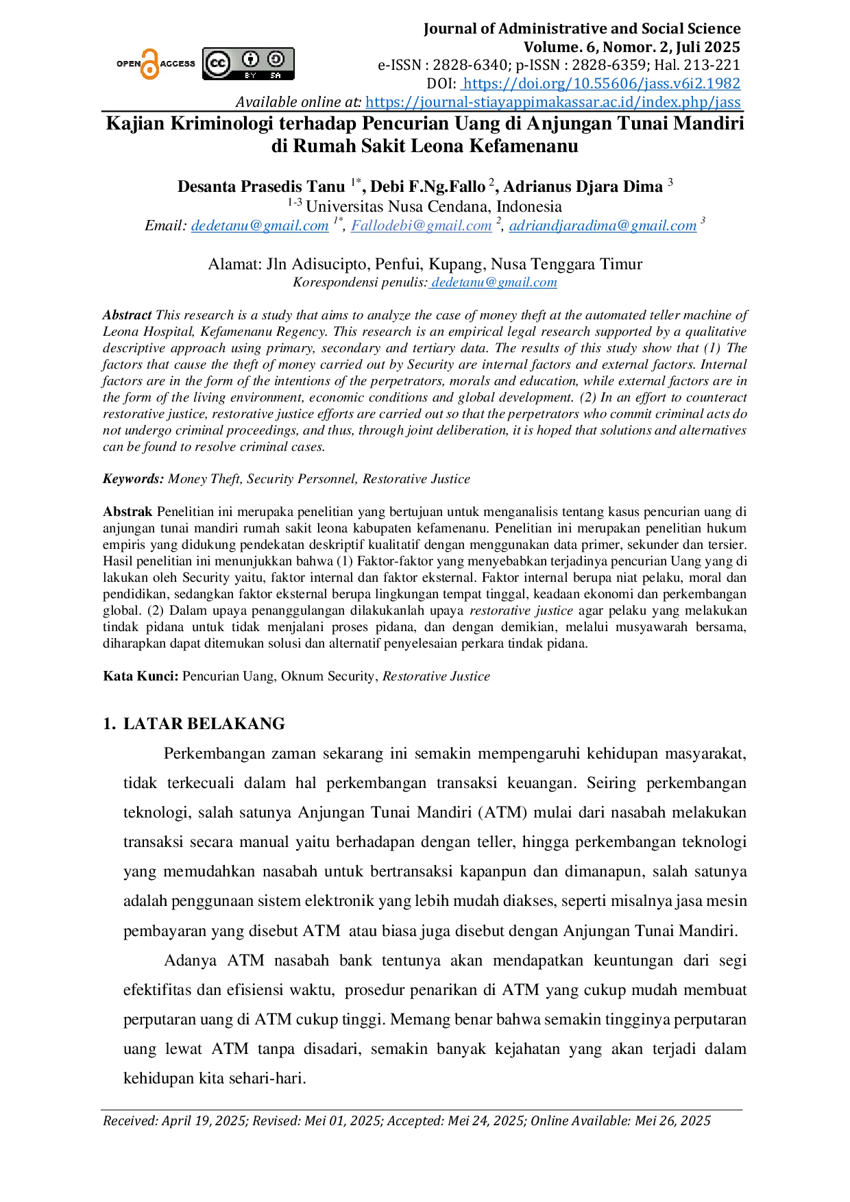 JURIS Kajian Kriminologi Terhadap Pencurian Uang Di Anjungan Tunai Mandiri Di Rumah Sakit Leona Kefamenanu