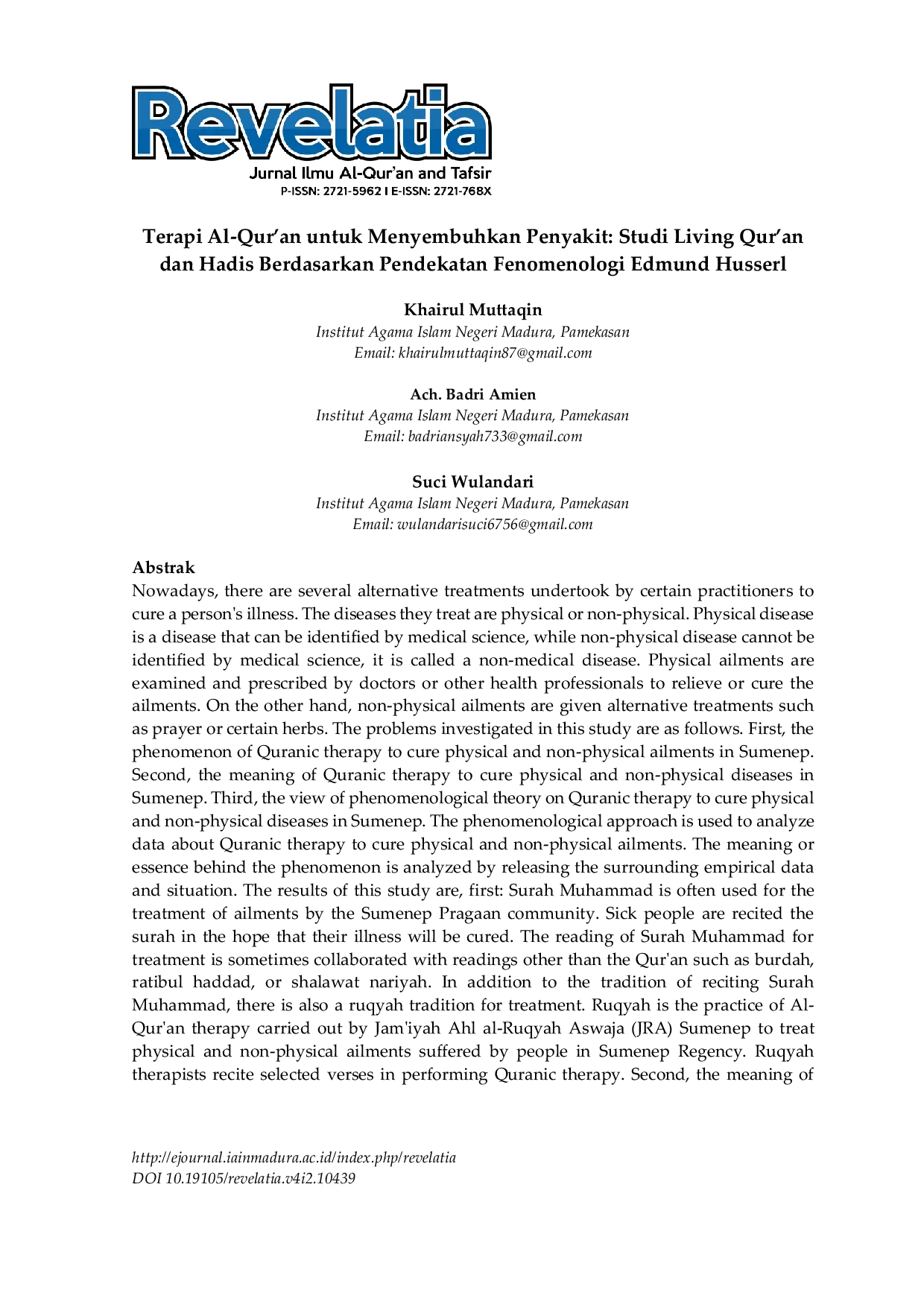 JURIS Terapi Al Qur an untuk Menyembuhkan Penyakit Studi Living Qur an dan Hadis Berdasarkan Pendekatan Fenomenologi Edmund Husserl