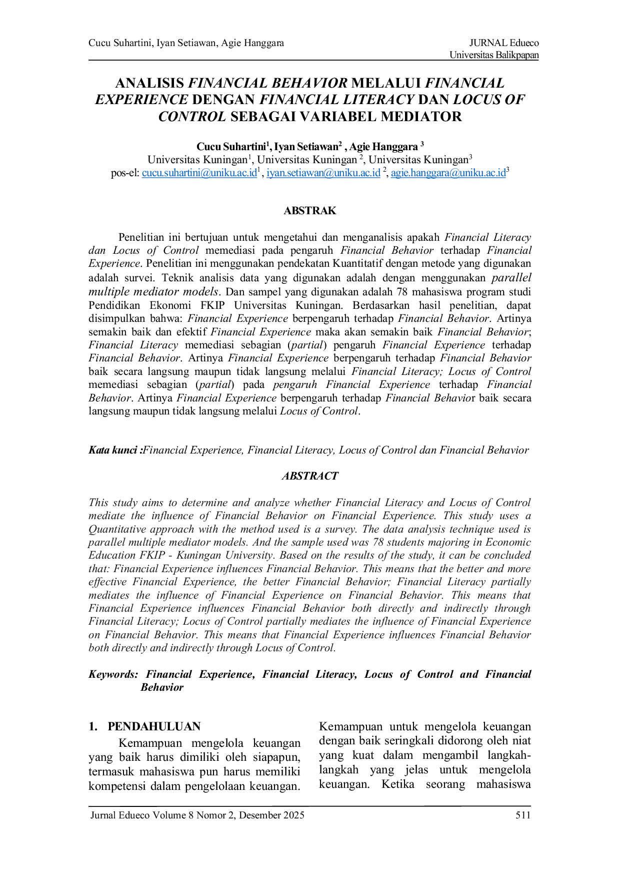 JURIS Analisis Financial Behavior Melalui Financial Experience Dengan Financial Literacy Dan Locus Of Control Sebagai Variabel Mediator
