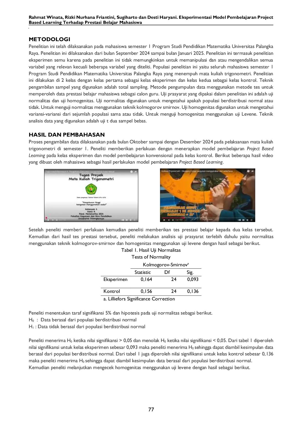 JURIS Eksperimentasi Model Pembelajaran Project Based Learning terhadap Prestasi Belajar Mahasiswa