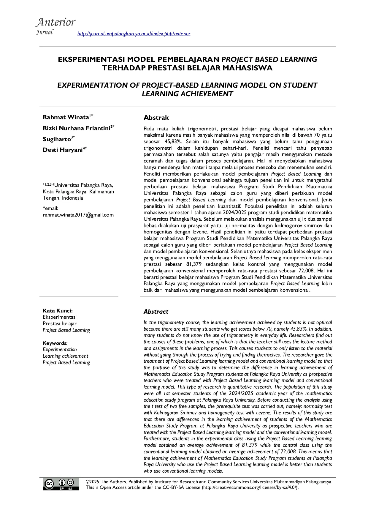JURIS Eksperimentasi Model Pembelajaran Project Based Learning terhadap Prestasi Belajar Mahasiswa