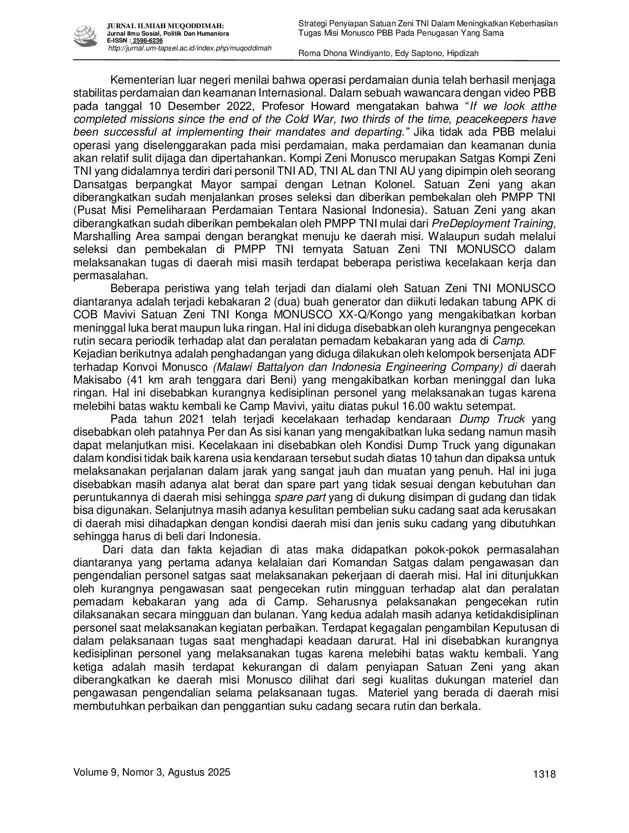 JURIS Strategi Penyiapan Satuan Zeni TNI Dalam Meningkatkan Keberhasilan Tugas Misi Monusco PBB Pada Penugasan Yang Sama