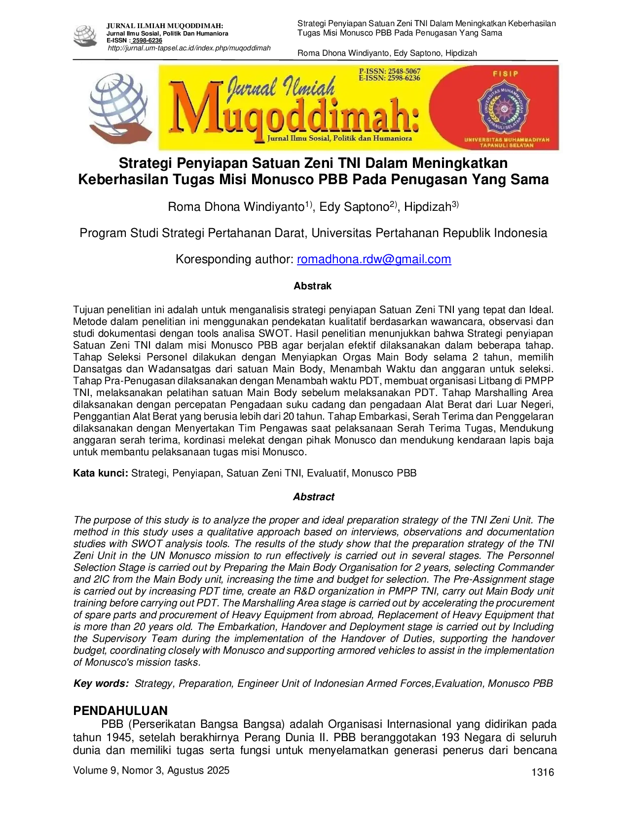 JURIS Strategi Penyiapan Satuan Zeni TNI Dalam Meningkatkan Keberhasilan Tugas Misi Monusco PBB Pada Penugasan Yang Sama