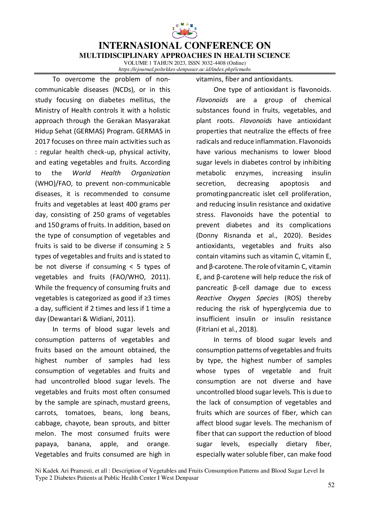 JURIS Description of Vegetables and Fruits Consumption Patterns and Blood Sugar Level In Type 2 Diabetes Patients at Public Health Center I West Denpasar