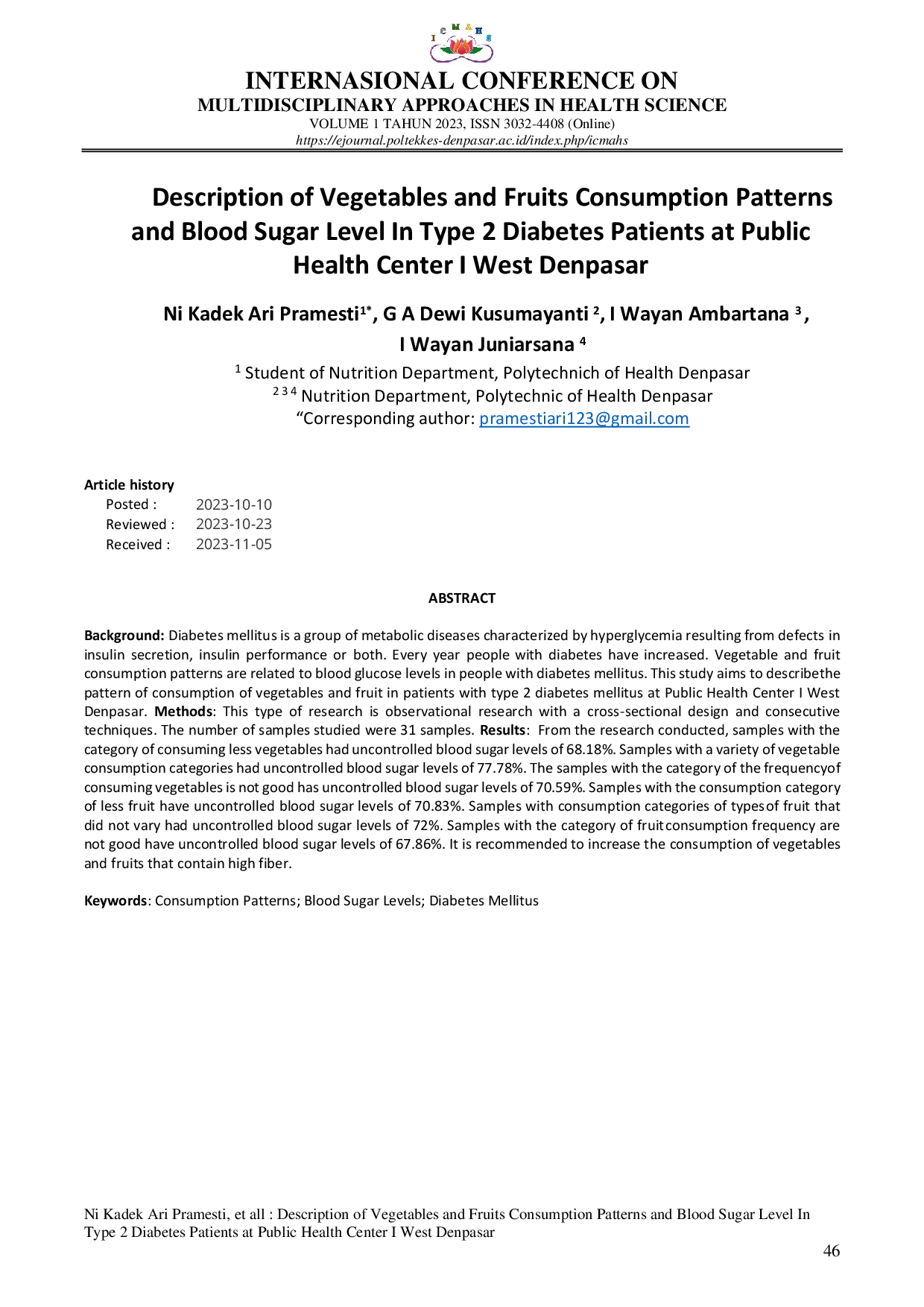 JURIS Description of Vegetables and Fruits Consumption Patterns and Blood Sugar Level In Type 2 Diabetes Patients at Public Health Center I West Denpasar