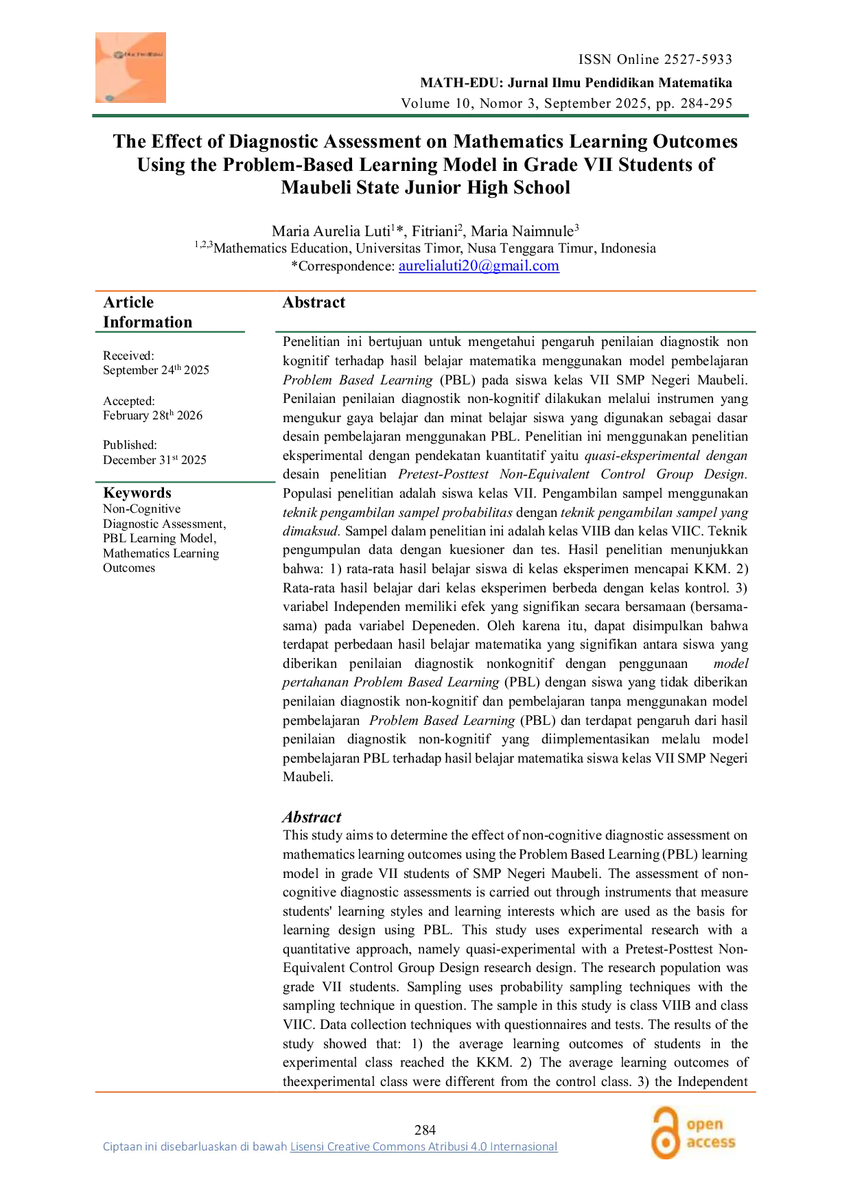 JURIS The Effect of Diagnostic Assessment on Mathematics Learning Outcomes Using the Problem Based Learning Model in Grade VII Students of Maubeli State Junior High School