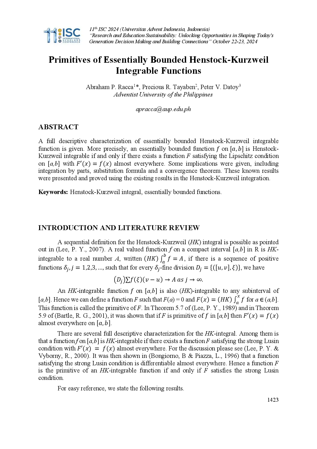 juris Primitives of Essentially Bounded Henstock Kurzweil Integrable Functions